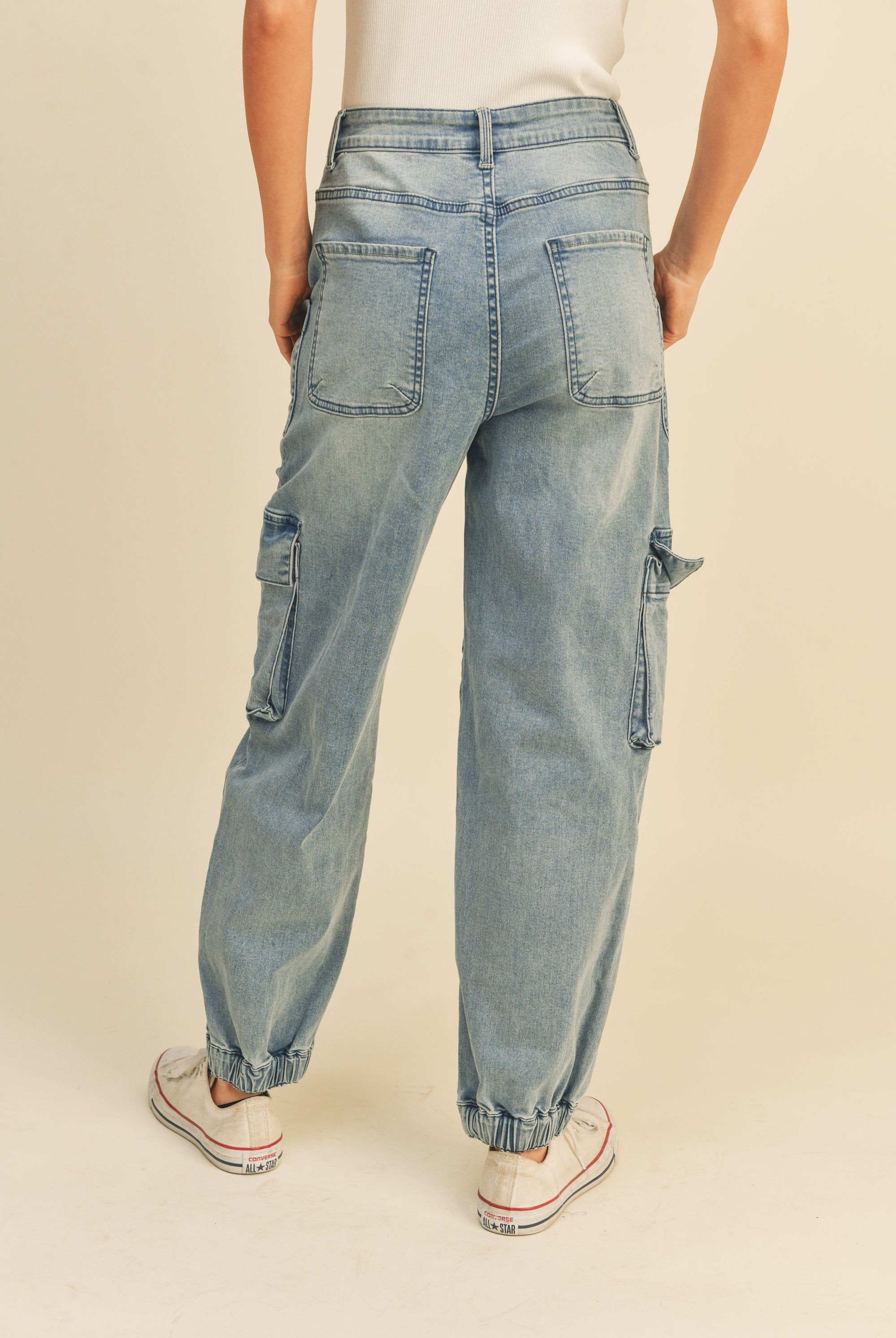 Washed Denim Utility Jogger Pants-Denim-Vixen Collection, Day Spa and Women's Boutique Located in Seattle, Washington