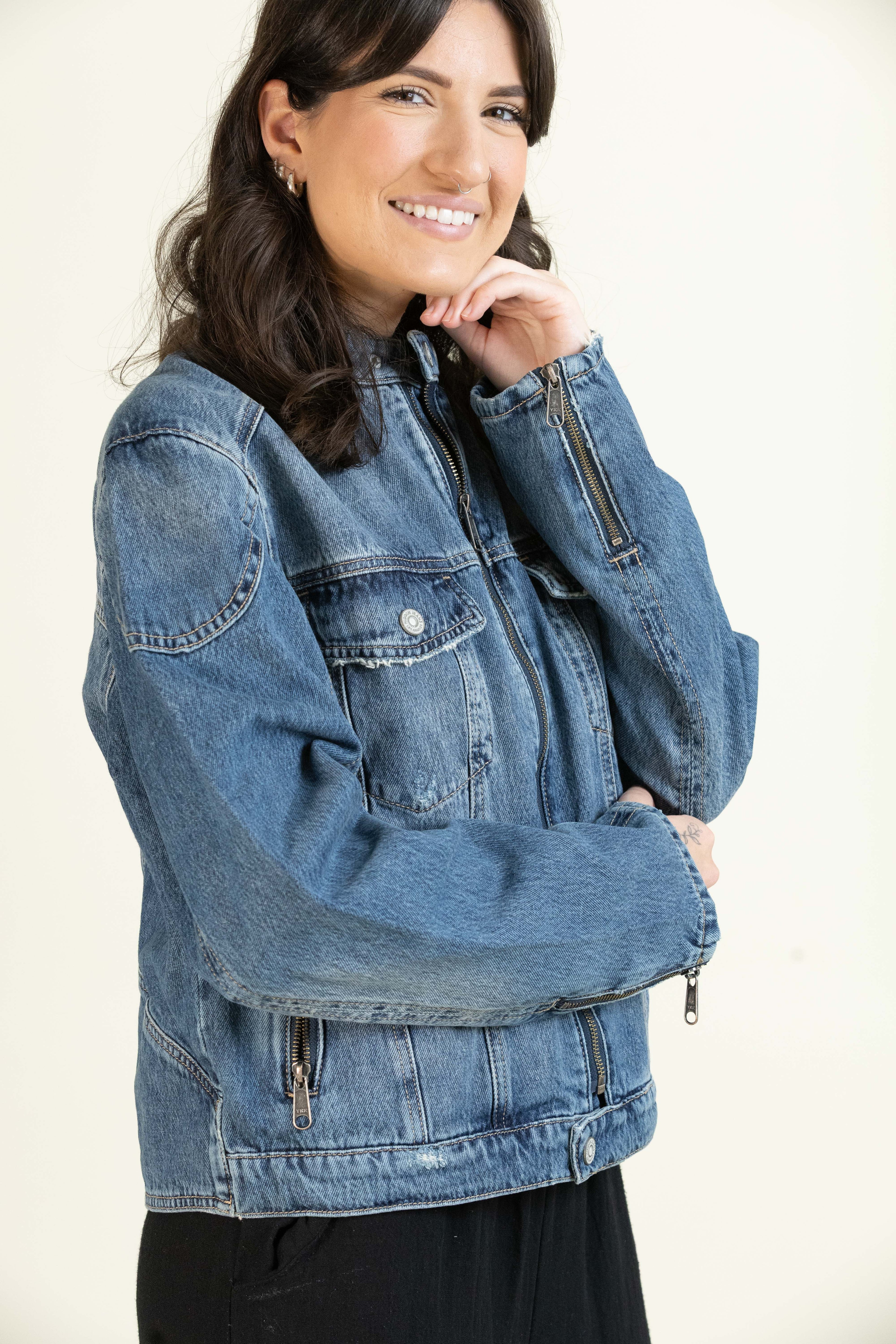 Medium Wash Classic Biker Jacket-Outerwear-Vixen Collection, Day Spa and Women's Boutique Located in Seattle, Washington
