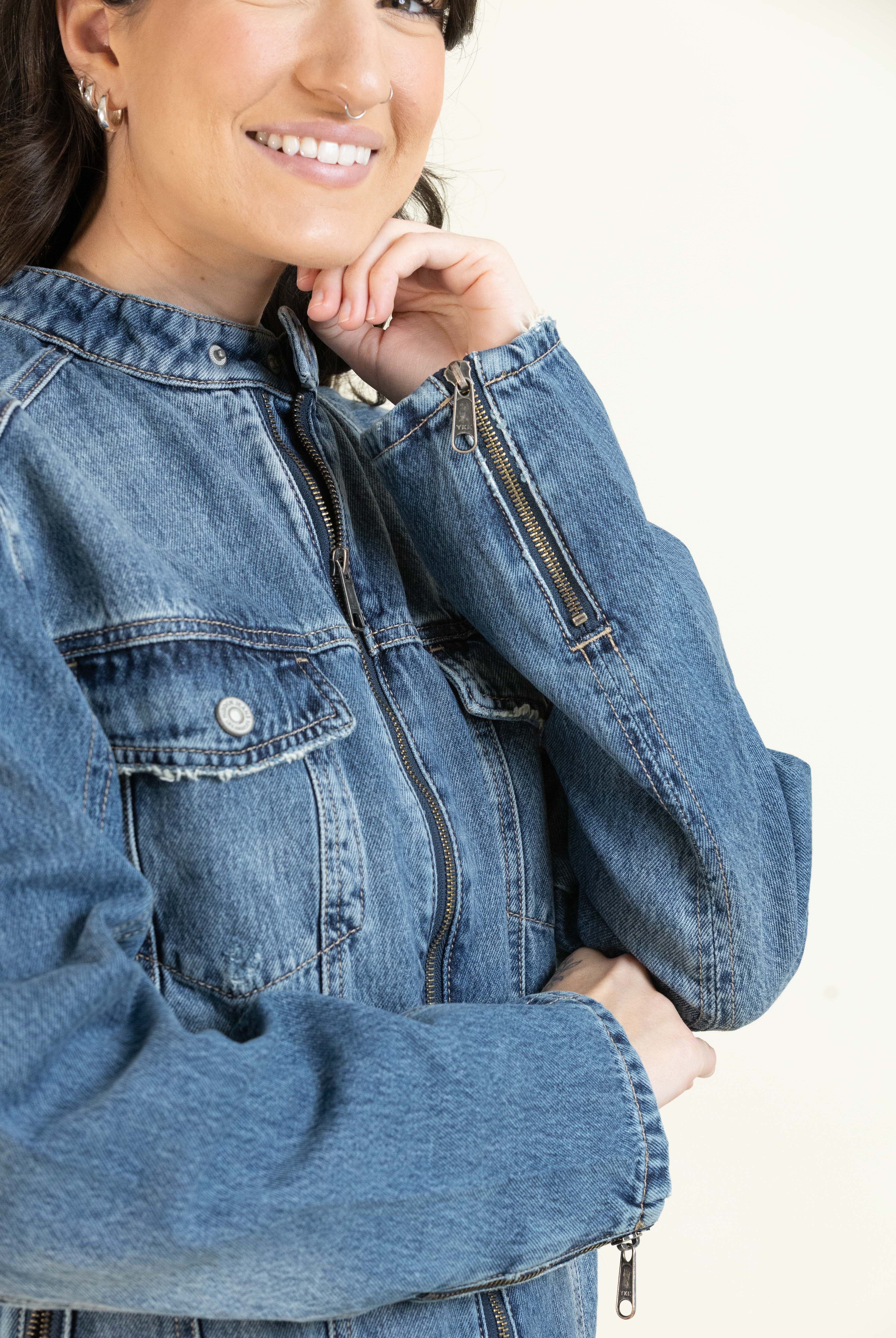 Medium Wash Classic Biker Jacket-Outerwear-Vixen Collection, Day Spa and Women's Boutique Located in Seattle, Washington