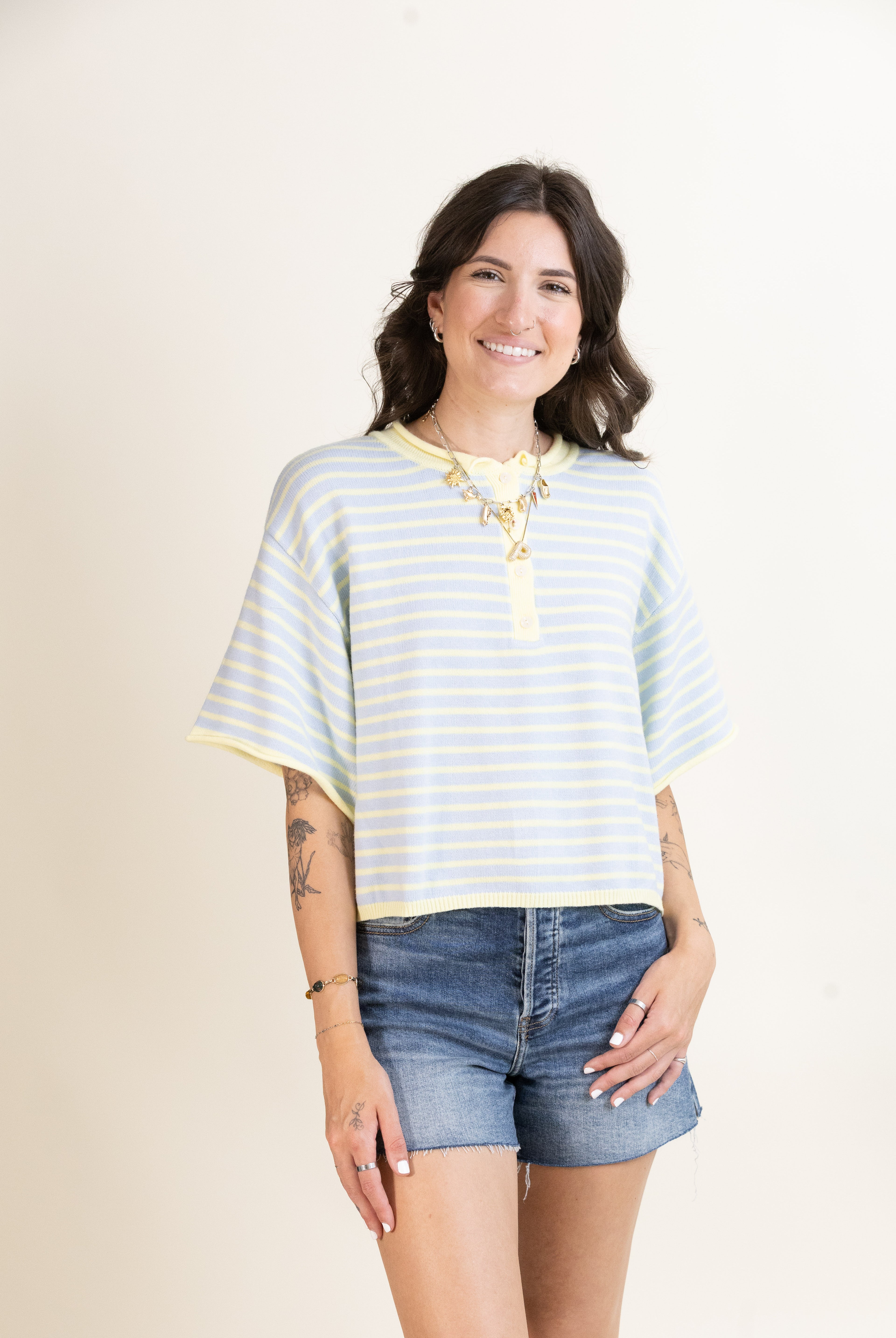 Porch Swing Stripe Henley-Sweaters-Vixen Collection, Day Spa and Women's Boutique Located in Seattle, Washington