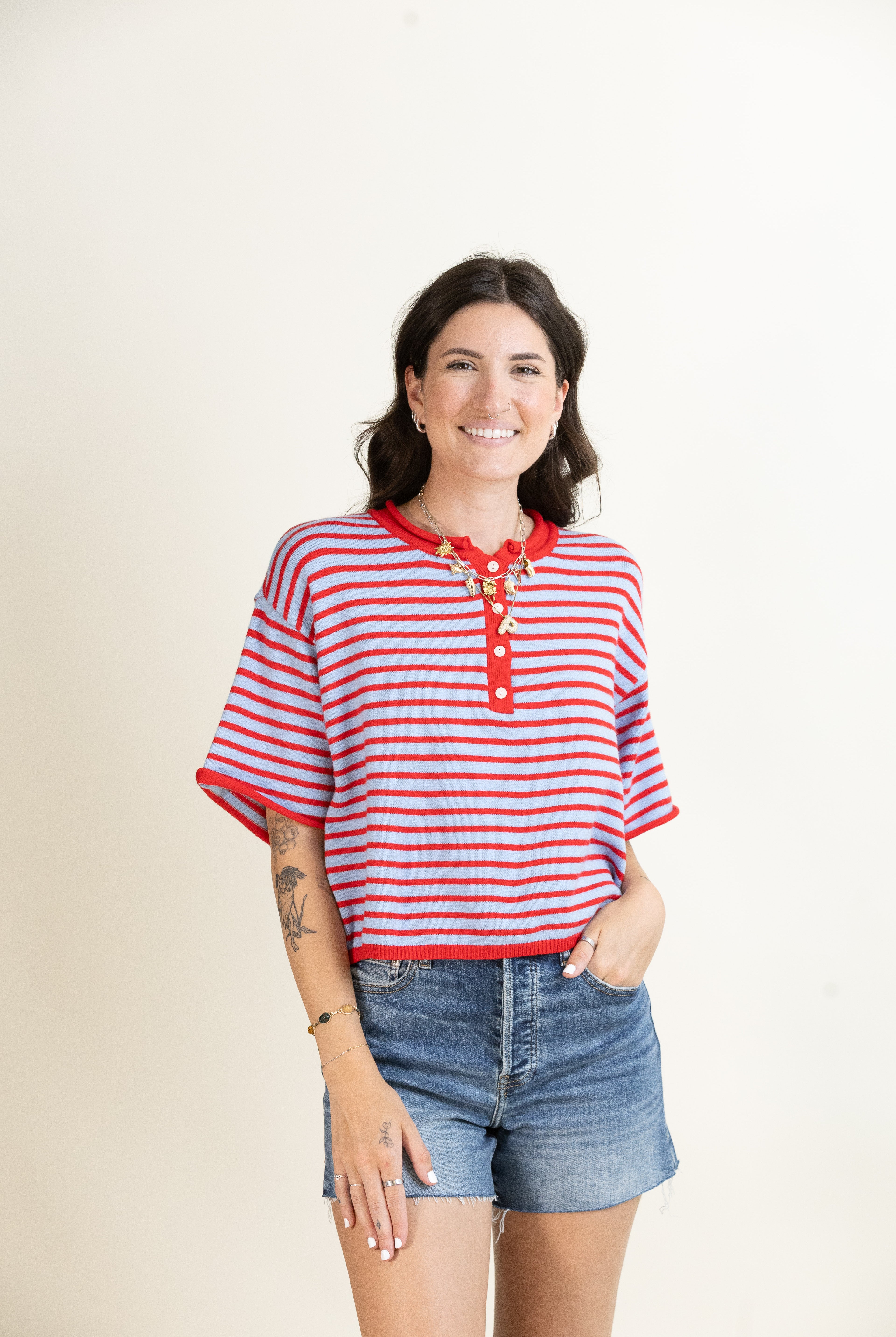 Porch Swing Stripe Henley-Sweaters-Vixen Collection, Day Spa and Women's Boutique Located in Seattle, Washington