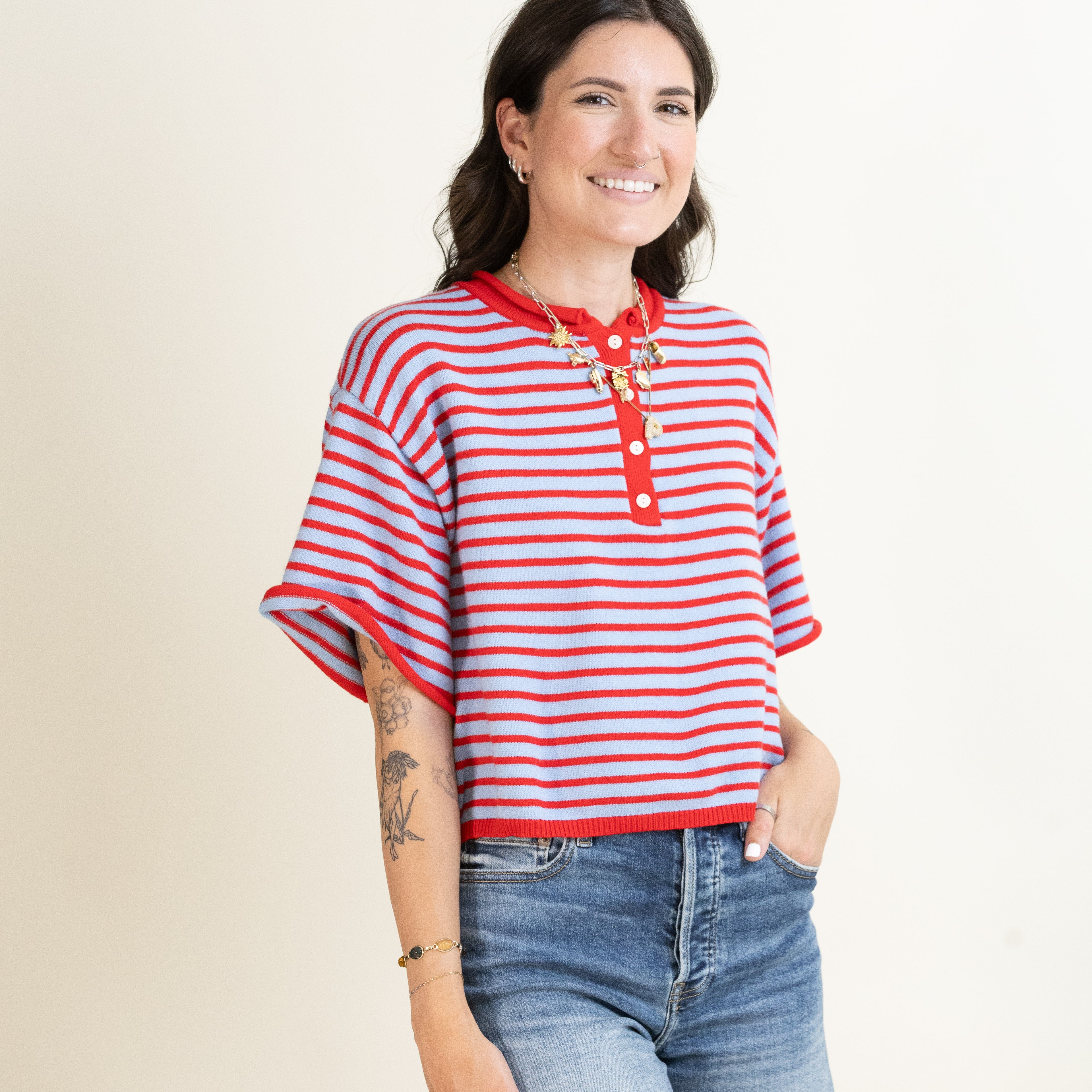 Porch Swing Stripe Henley-Sweaters-Vixen Collection, Day Spa and Women's Boutique Located in Seattle, Washington