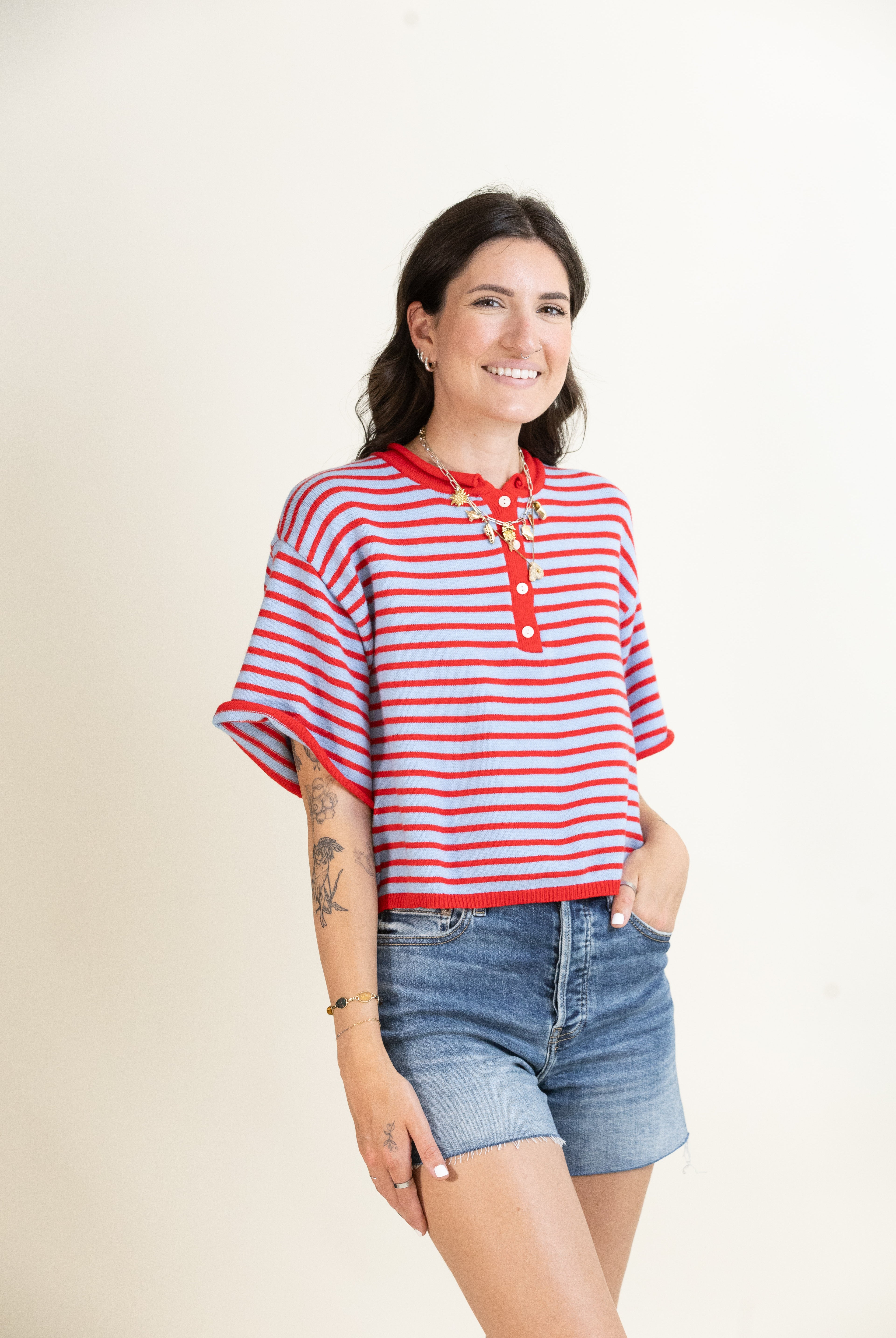 Porch Swing Stripe Henley-Sweaters-Vixen Collection, Day Spa and Women's Boutique Located in Seattle, Washington