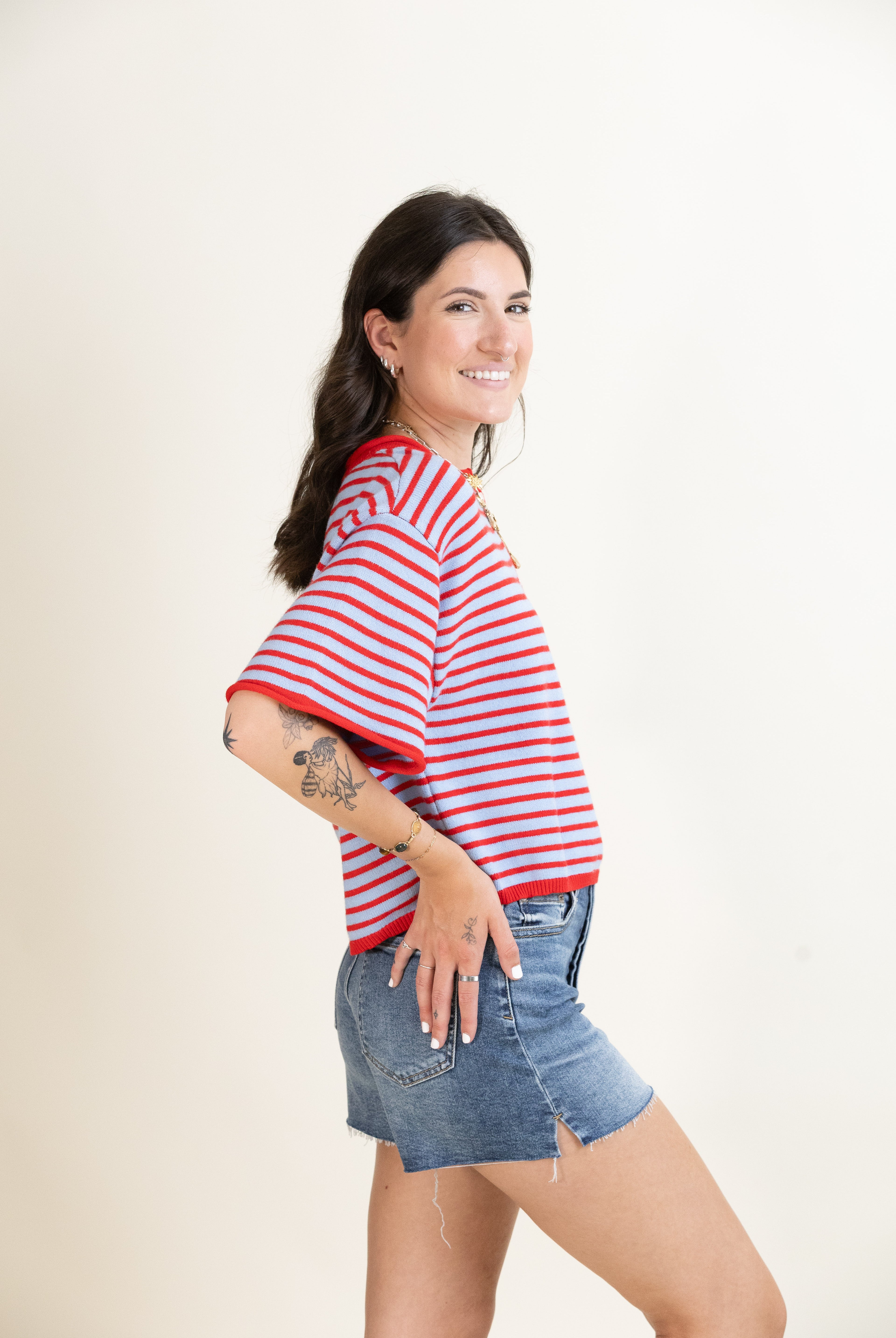 Porch Swing Stripe Henley-Sweaters-Vixen Collection, Day Spa and Women's Boutique Located in Seattle, Washington
