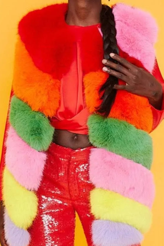 Jayley Faux Fur Rainbow Vest-Outerwear-Vixen Collection, Day Spa and Women's Boutique Located in Seattle, Washington