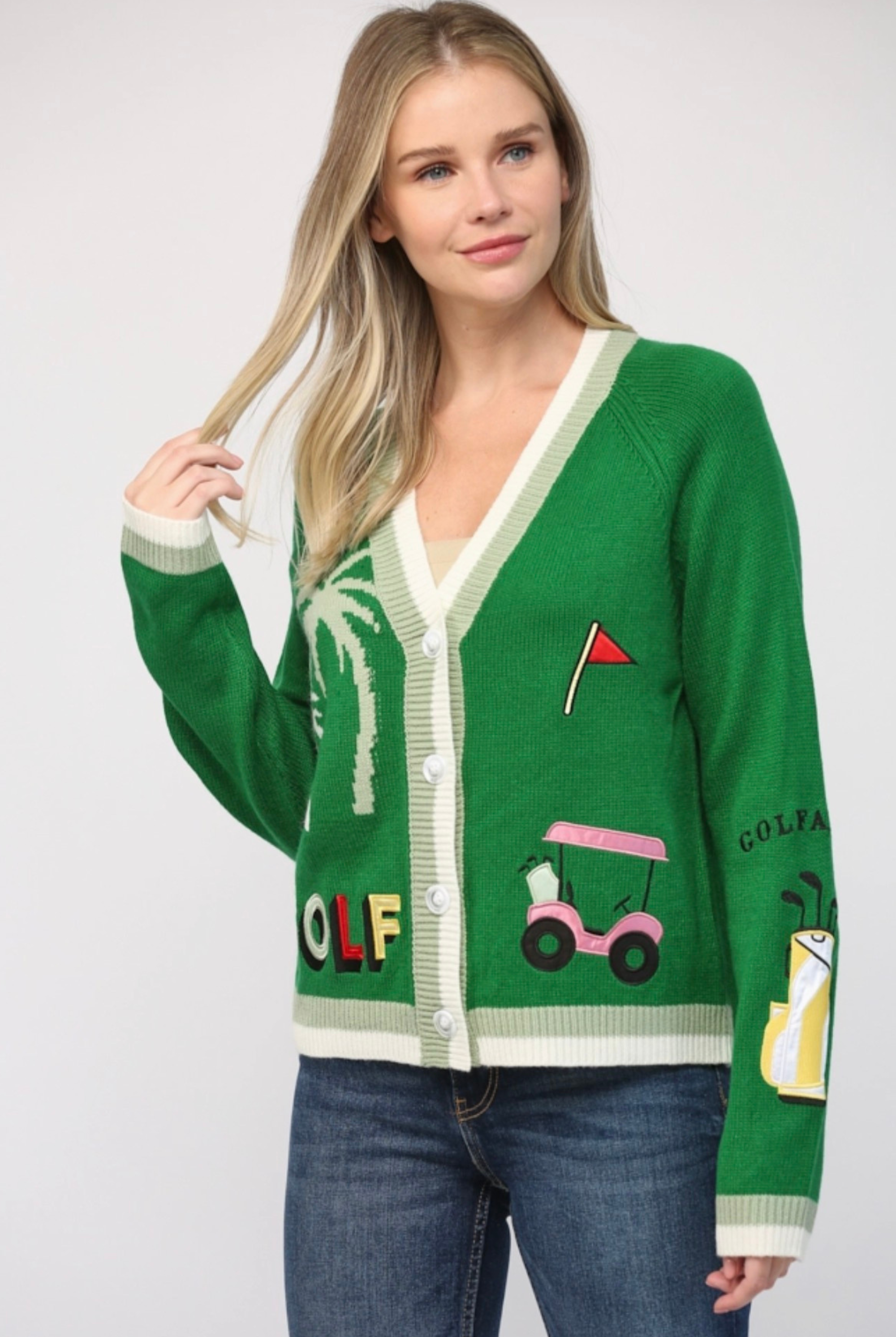 Golf Embroidered Patch Cardigan-Sweaters-Vixen Collection, Day Spa and Women's Boutique Located in Seattle, Washington