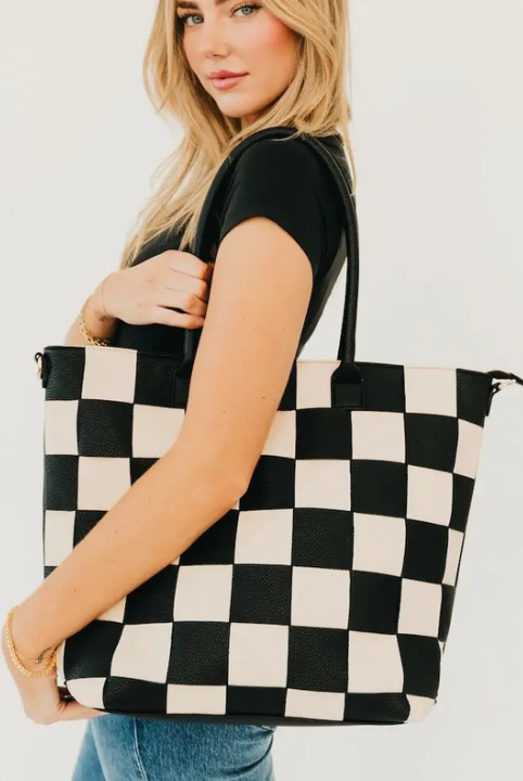 Courtney Checkered Tote Bag-Bags + Wallets-Vixen Collection, Day Spa and Women's Boutique Located in Seattle, Washington