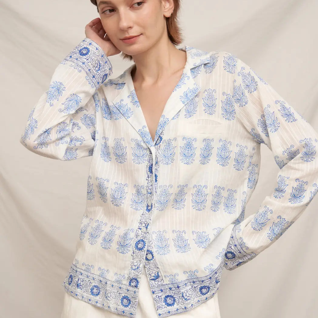 Grecian Toile Button Down Shirt-Tops-Vixen Collection, Day Spa and Women's Boutique Located in Seattle, Washington
