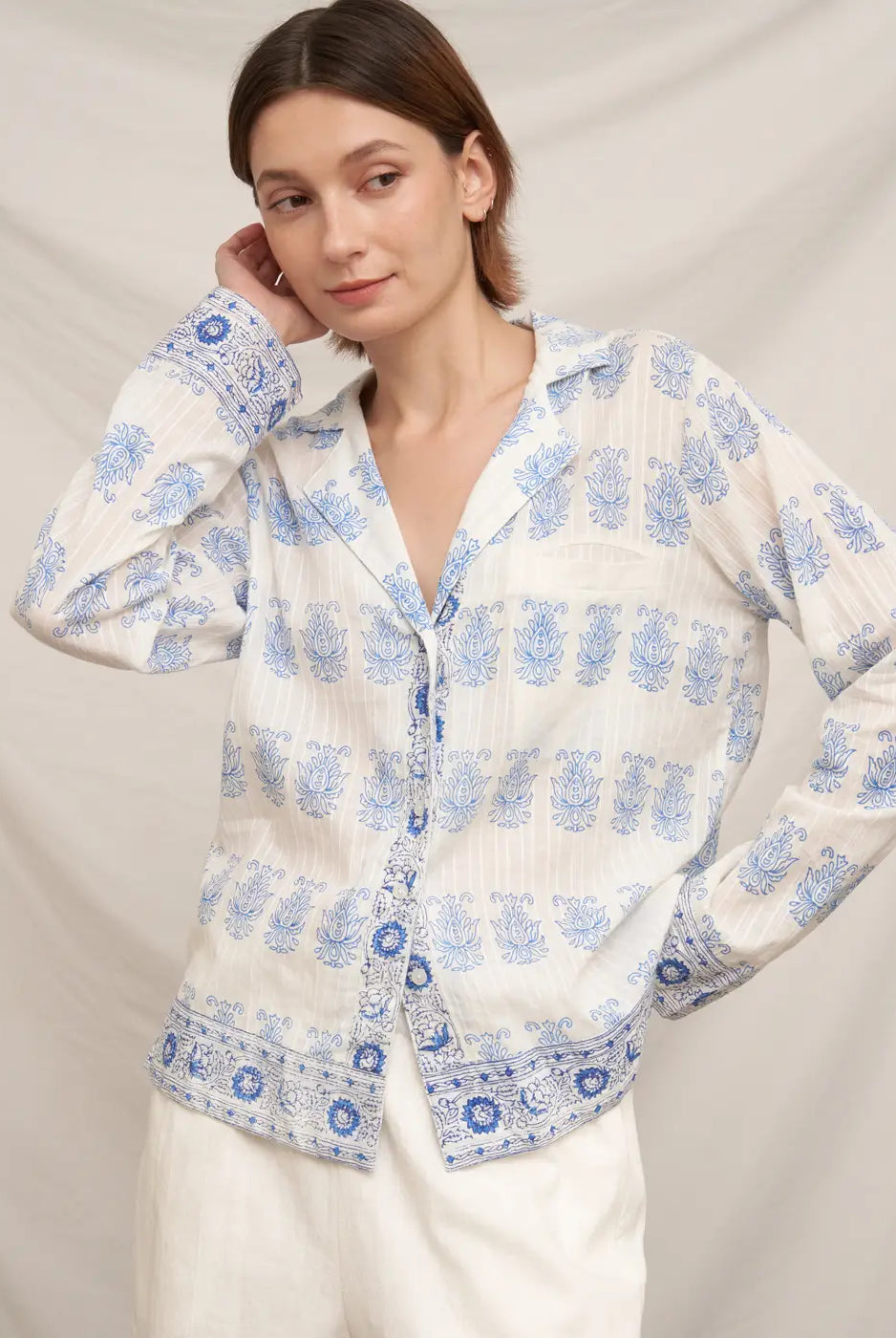 Grecian Toile Button Down Shirt-Tops-Vixen Collection, Day Spa and Women's Boutique Located in Seattle, Washington