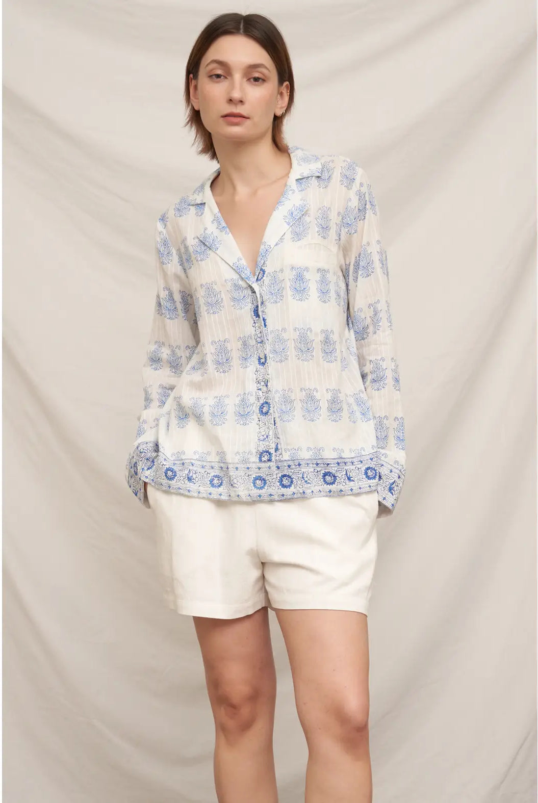 Grecian Toile Button Down Shirt-Tops-Vixen Collection, Day Spa and Women's Boutique Located in Seattle, Washington