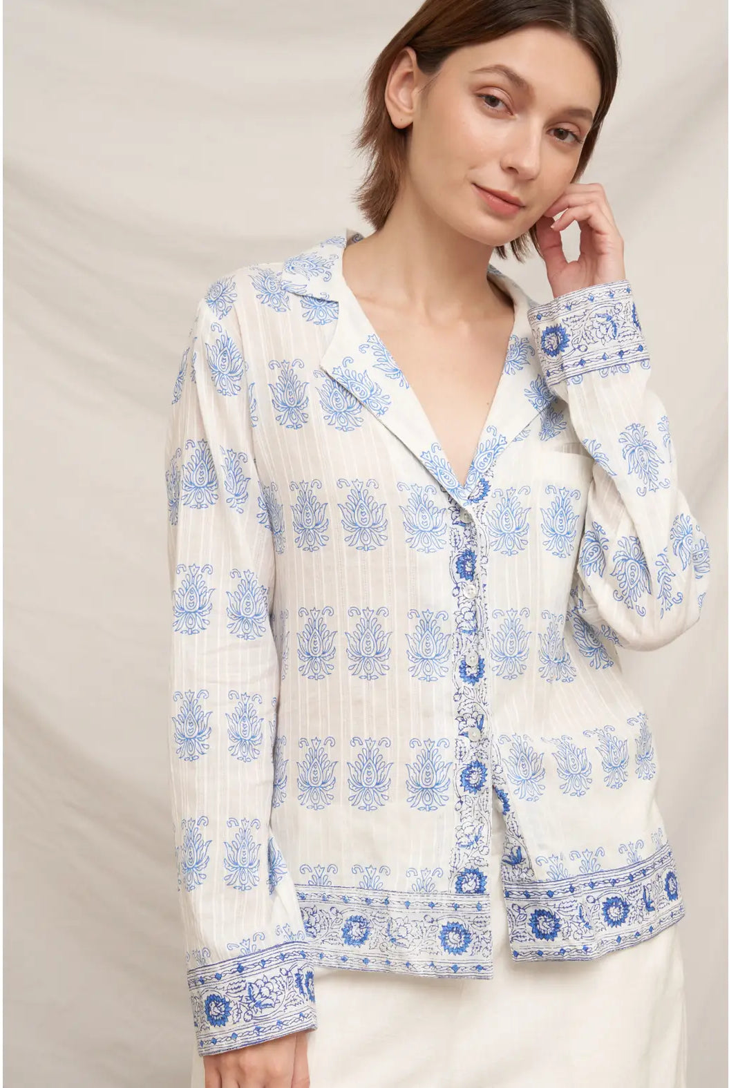Grecian Toile Button Down Shirt-Tops-Vixen Collection, Day Spa and Women's Boutique Located in Seattle, Washington
