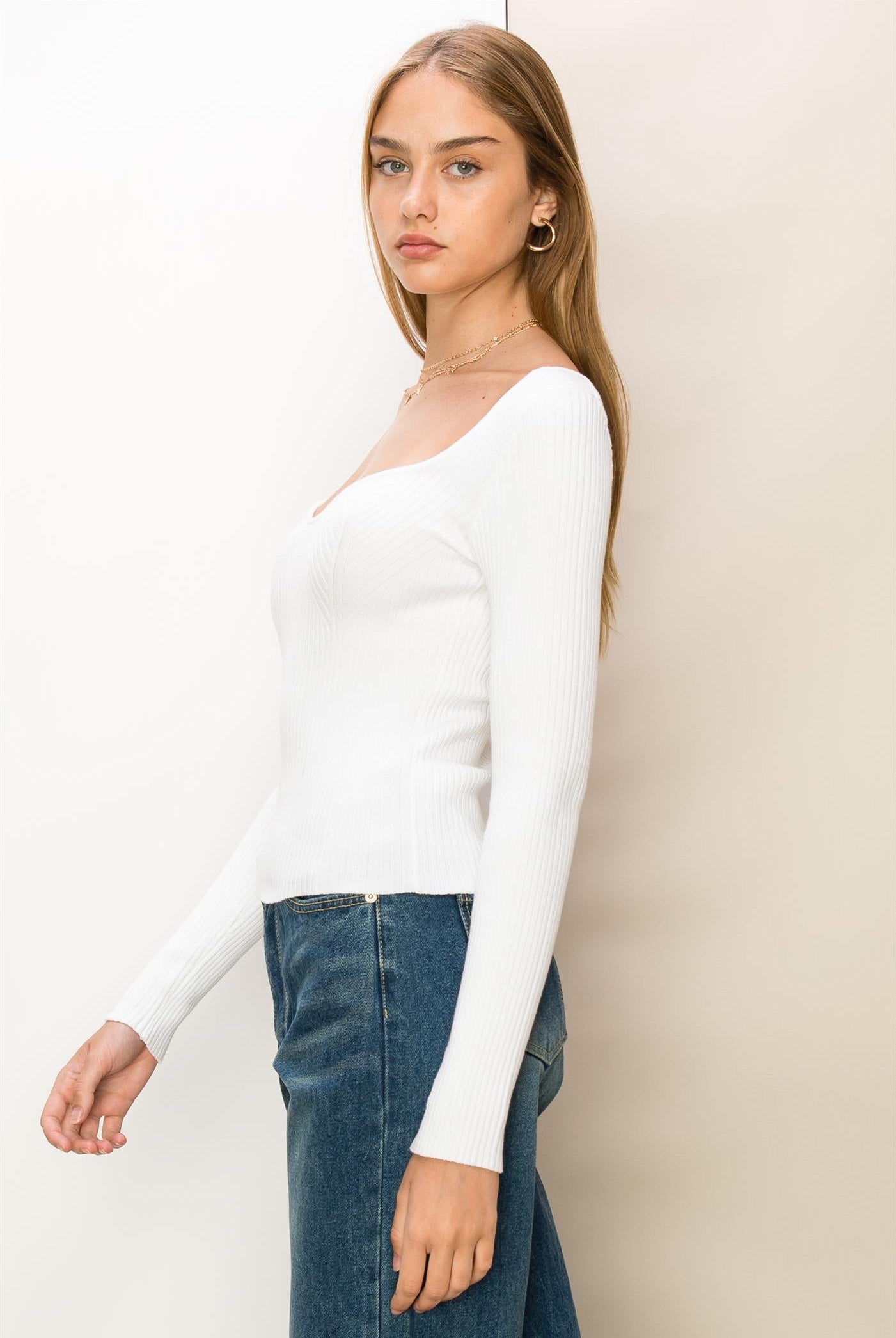 So Romantic Sweetheart Neckline Ribbed Top, Off White-Long Sleeves-Vixen Collection, Day Spa and Women's Boutique Located in Seattle, Washington