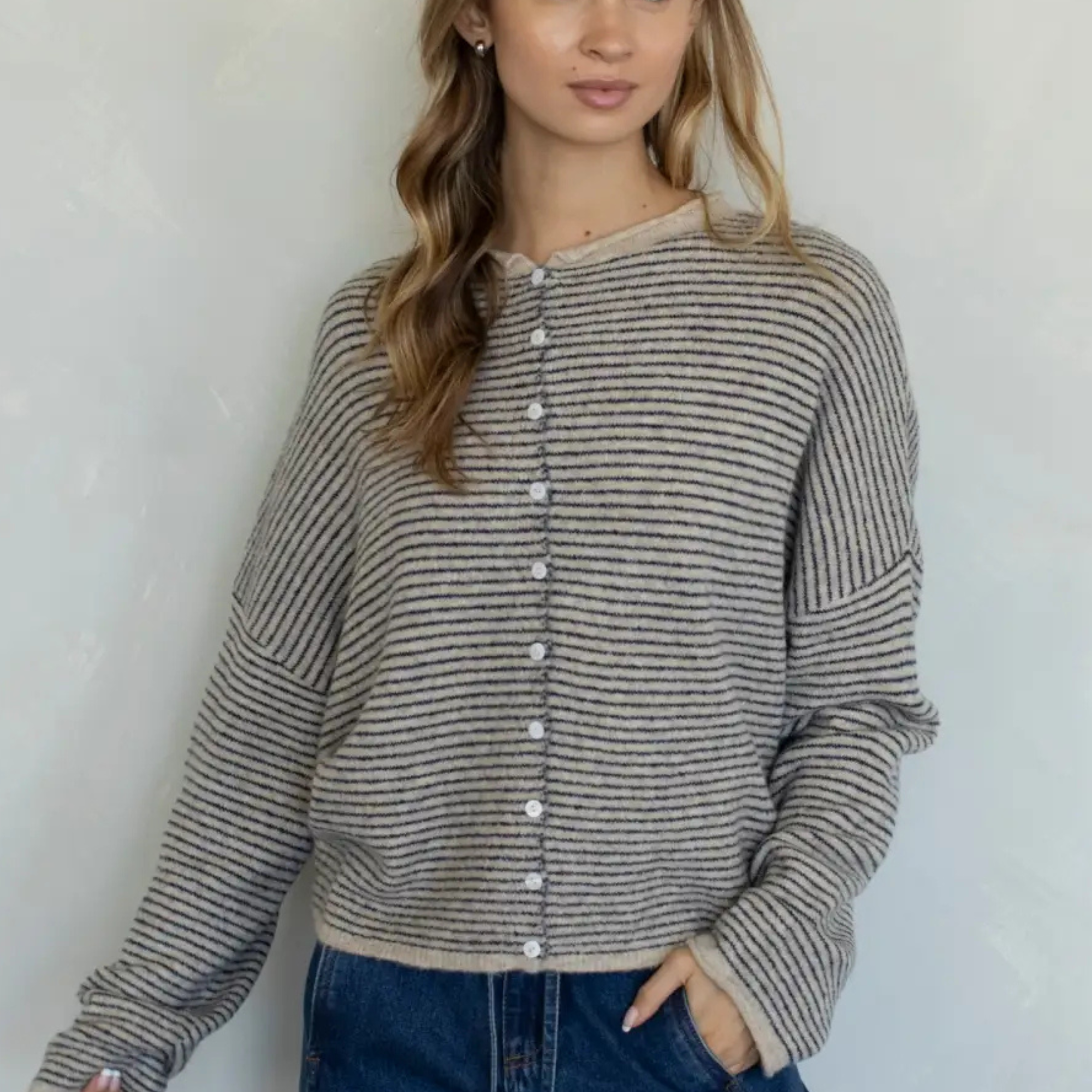 Pin Stripe Babe Cardigan-Sweaters-Vixen Collection, Day Spa and Women's Boutique Located in Seattle, Washington