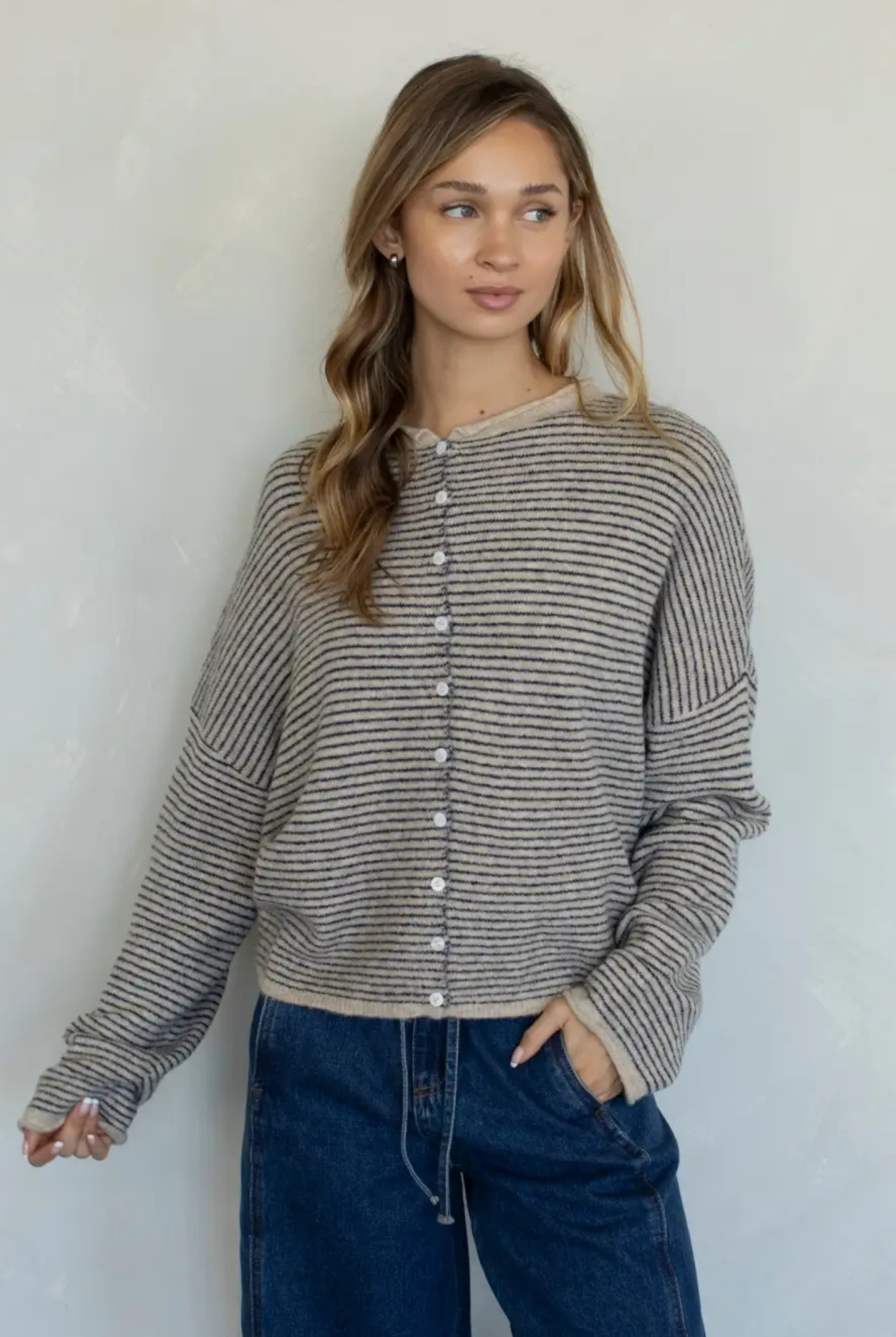 Pin Stripe Babe Cardigan-Sweaters-Vixen Collection, Day Spa and Women's Boutique Located in Seattle, Washington