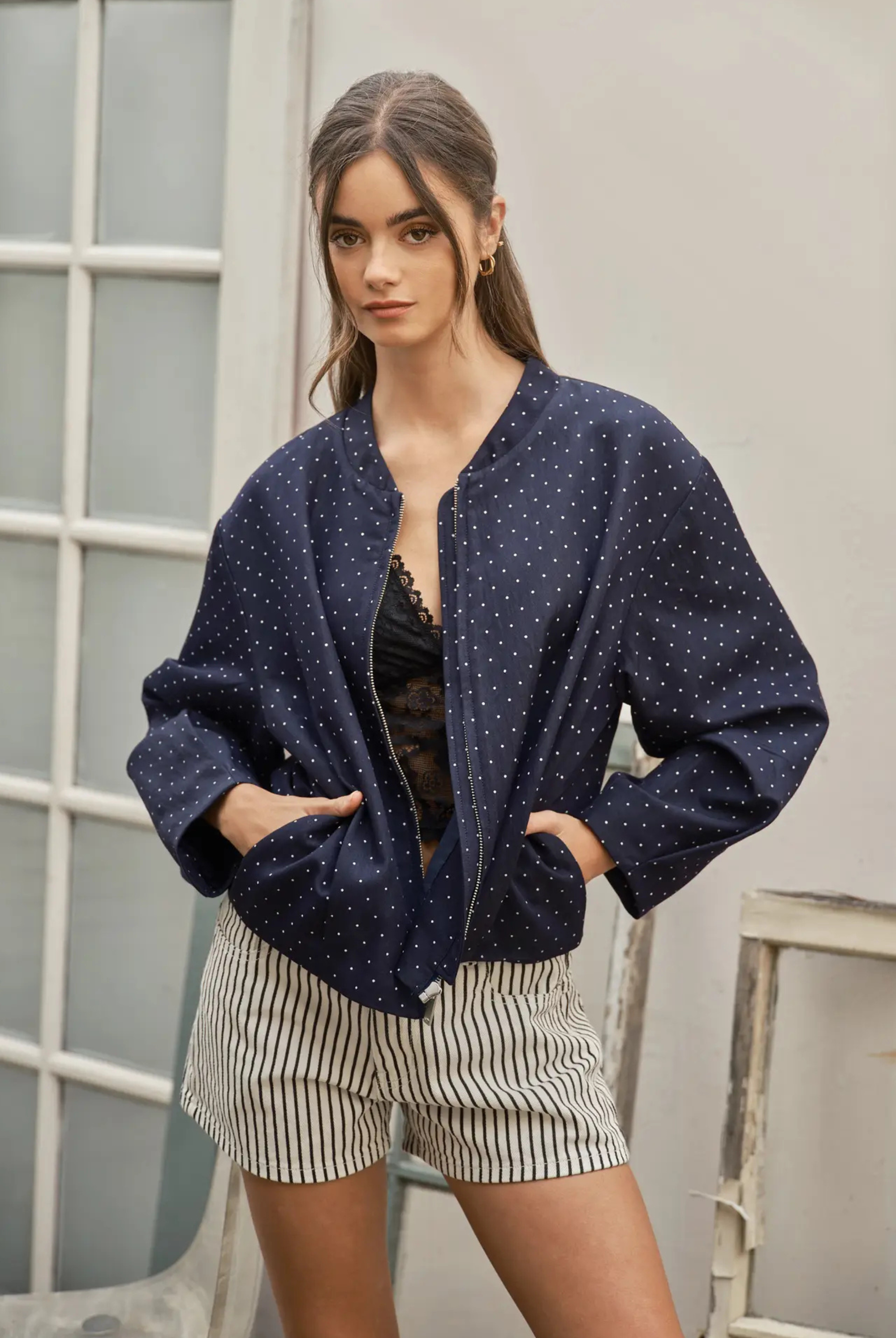 Polka My Dots Bomber Jacket-Jackets-Vixen Collection, Day Spa and Women's Boutique Located in Seattle, Washington