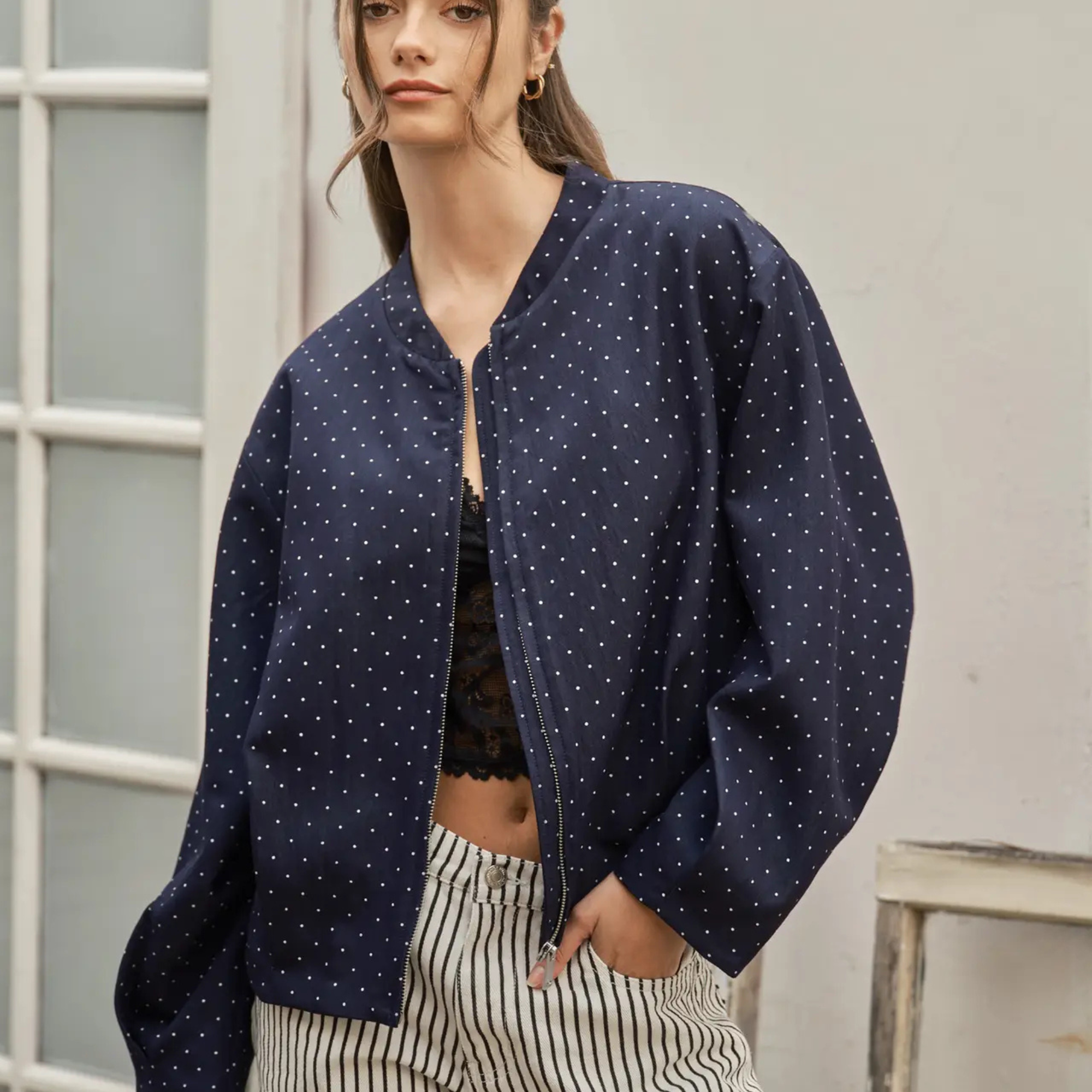 Polka My Dots Bomber Jacket-Jackets-Vixen Collection, Day Spa and Women's Boutique Located in Seattle, Washington