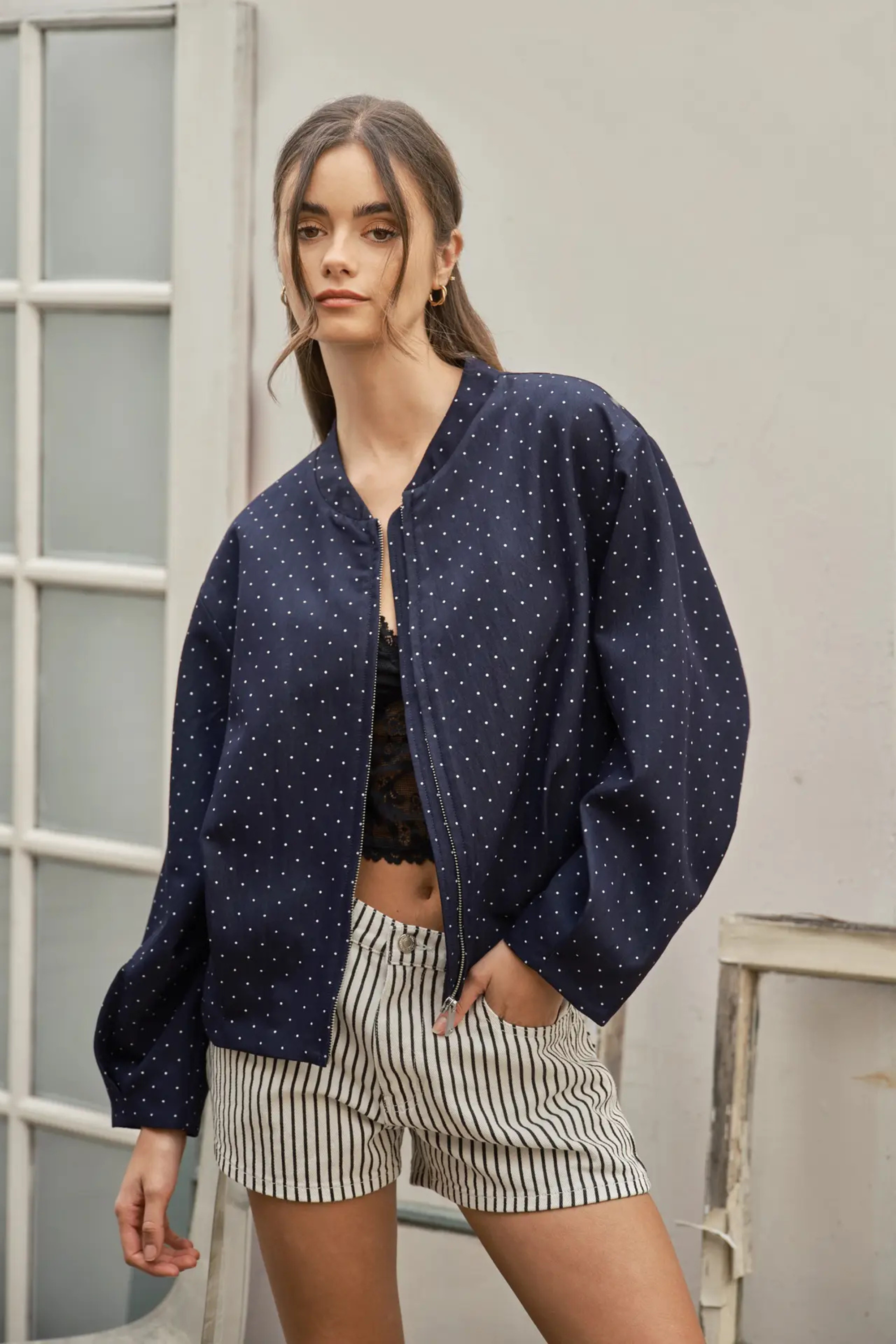 Polka My Dots Bomber Jacket-Jackets-Vixen Collection, Day Spa and Women's Boutique Located in Seattle, Washington