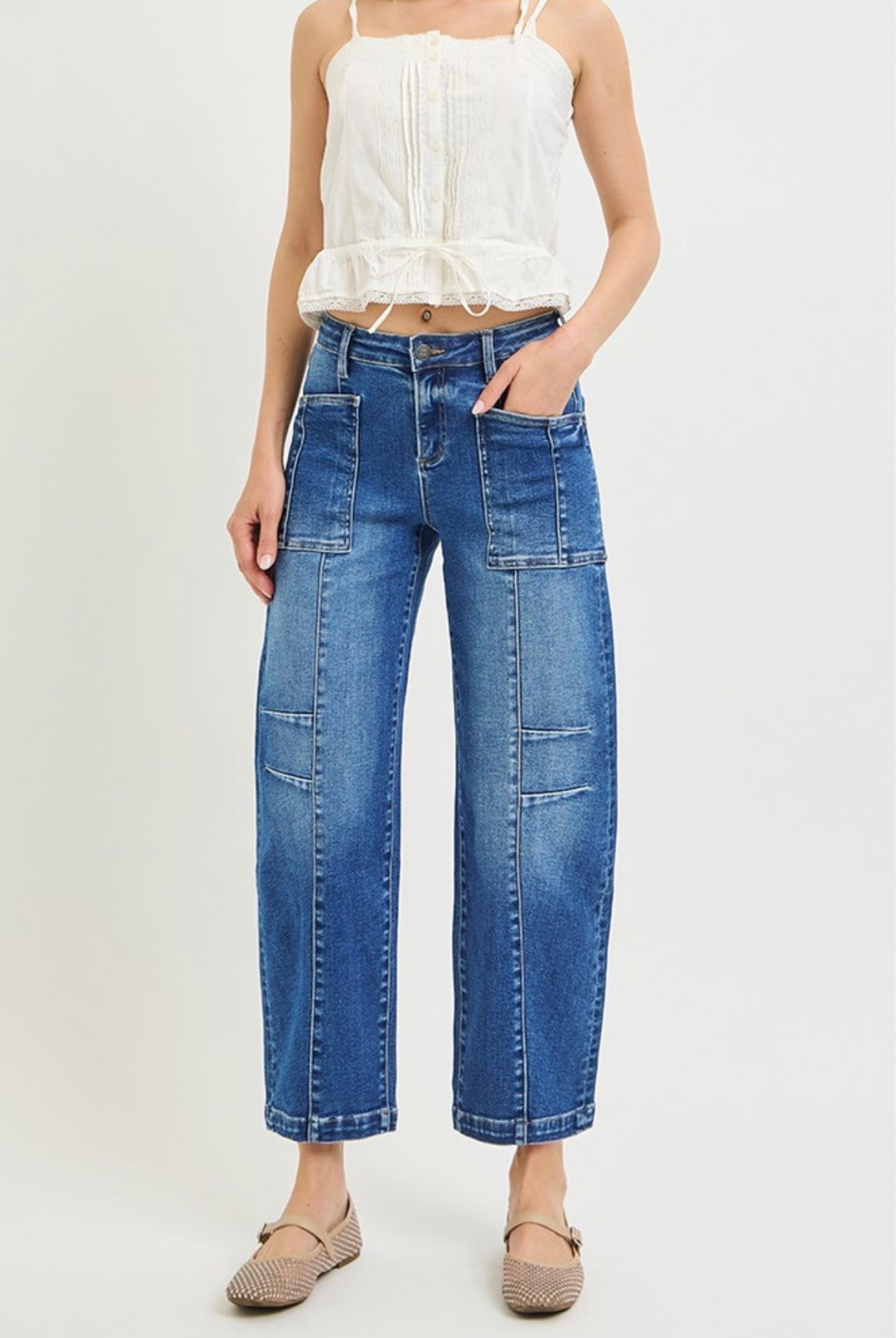 Risen Slouchy Barrel Patch Pocket Jeans-Denim-Vixen Collection, Day Spa and Women's Boutique Located in Seattle, Washington