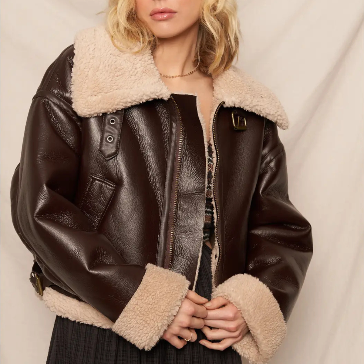 Teddy Leather Sherpa Jacket-Jackets-Vixen Collection, Day Spa and Women's Boutique Located in Seattle, Washington