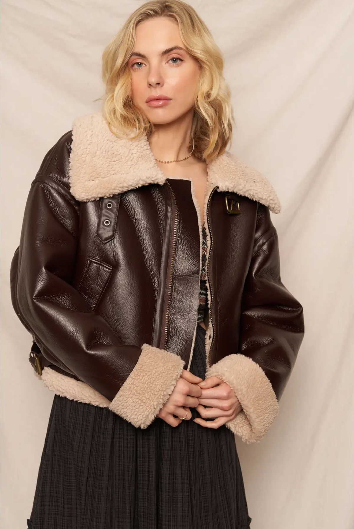 Teddy Leather Sherpa Jacket-Jackets-Vixen Collection, Day Spa and Women's Boutique Located in Seattle, Washington