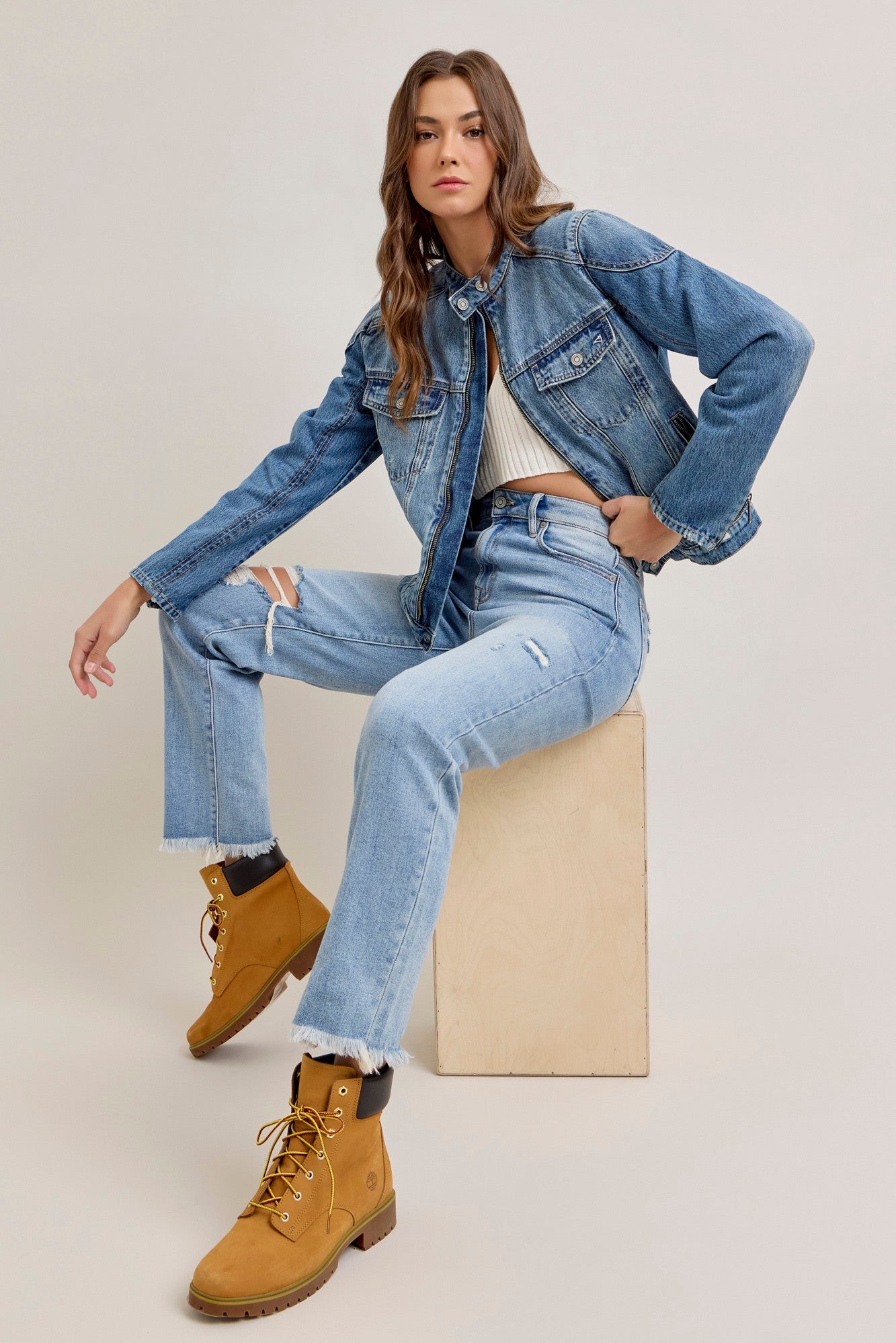 Medium Wash Classic Biker Jacket-Outerwear-Vixen Collection, Day Spa and Women's Boutique Located in Seattle, Washington