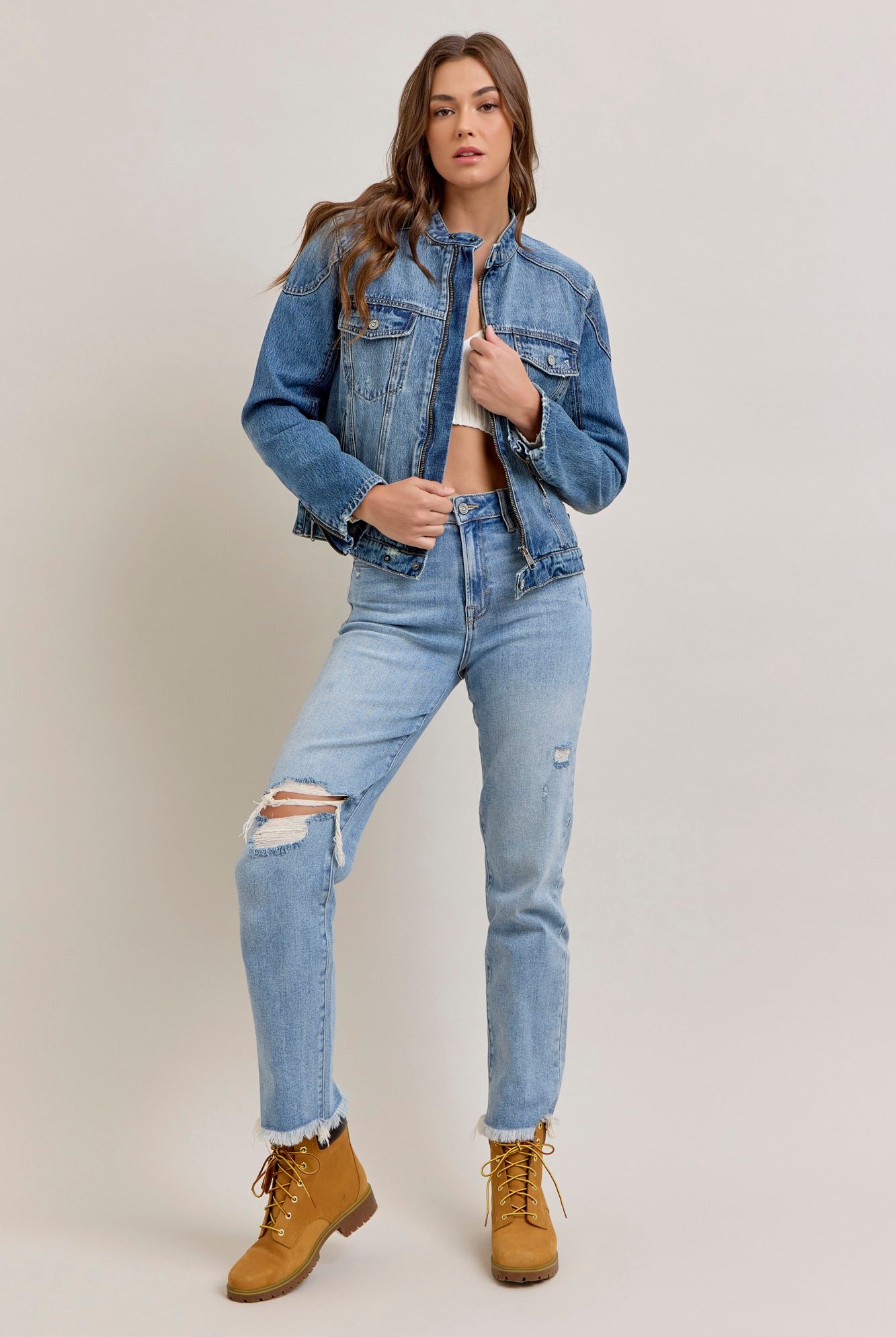 Medium Wash Classic Biker Jacket-Outerwear-Vixen Collection, Day Spa and Women's Boutique Located in Seattle, Washington