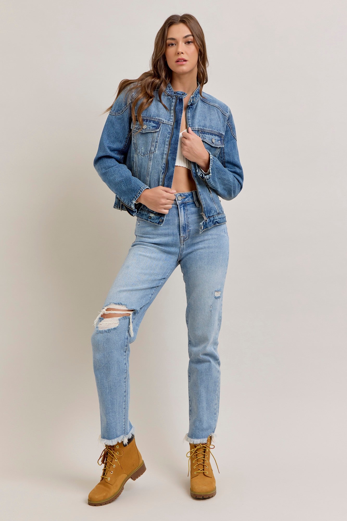 Medium Wash Classic Biker Jacket-Outerwear-Vixen Collection, Day Spa and Women's Boutique Located in Seattle, Washington