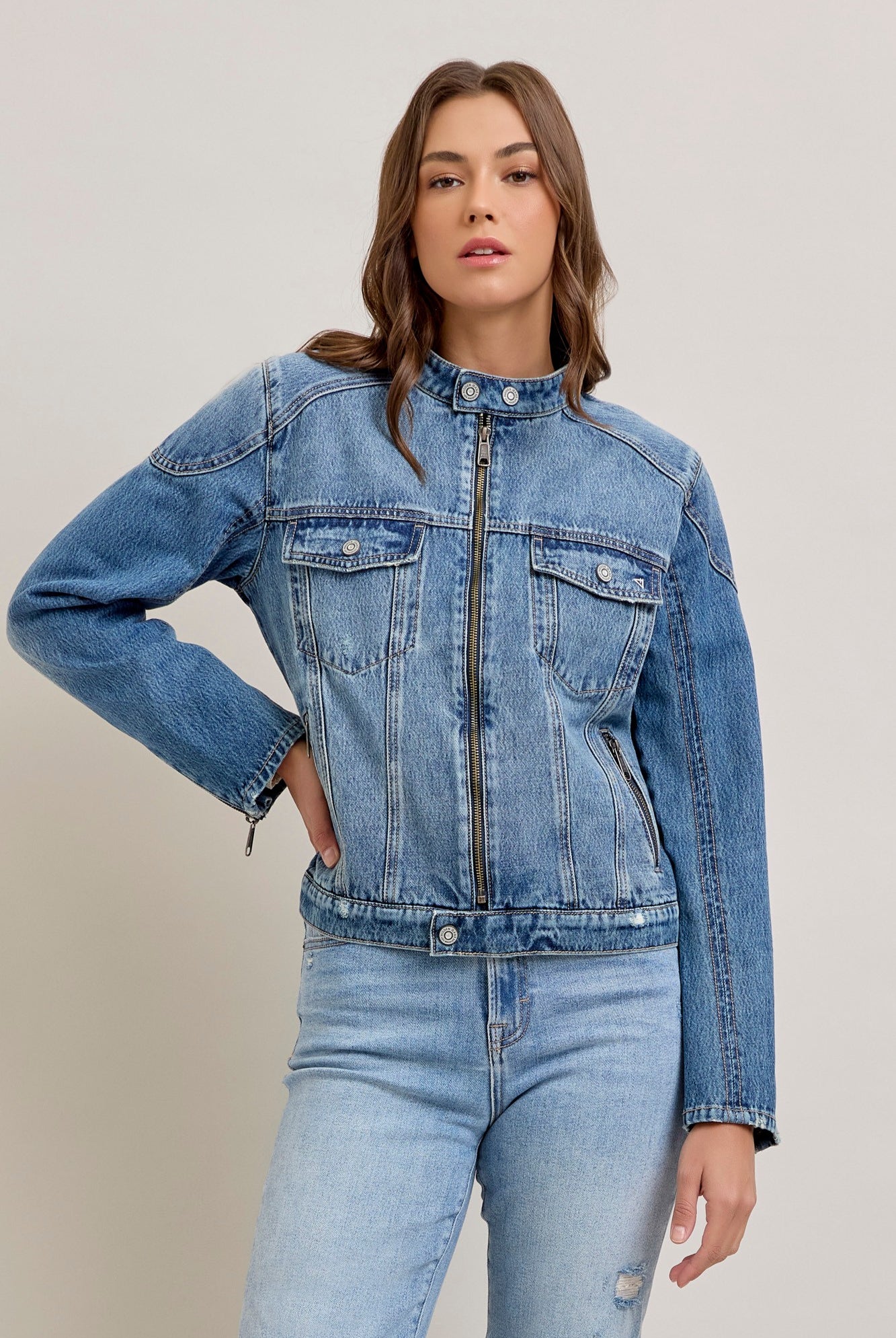 Medium Wash Classic Biker Jacket-Outerwear-Vixen Collection, Day Spa and Women's Boutique Located in Seattle, Washington