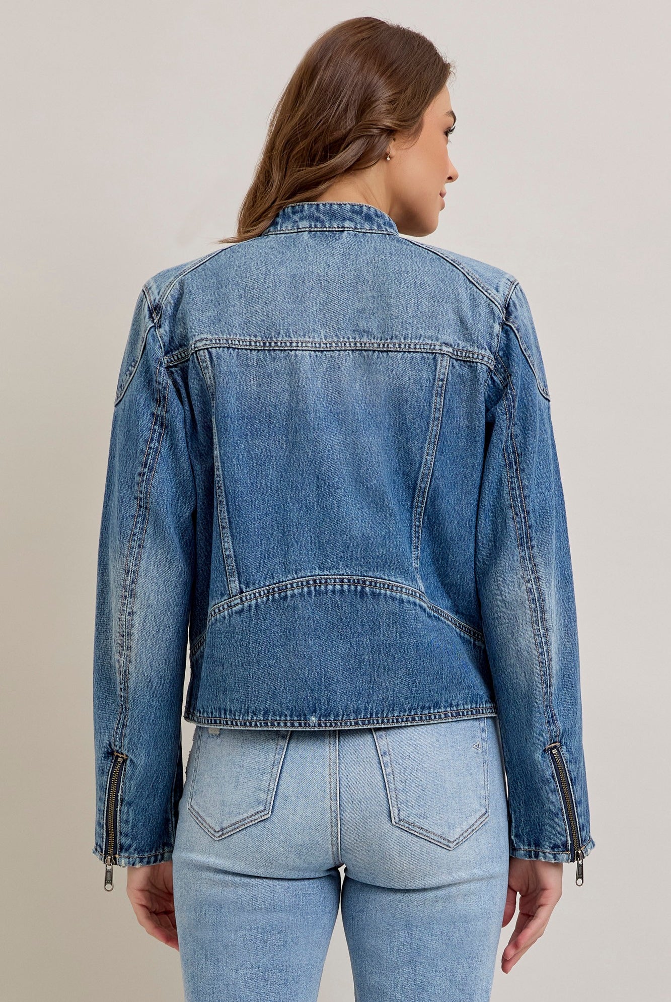 Medium Wash Classic Biker Jacket-Outerwear-Vixen Collection, Day Spa and Women's Boutique Located in Seattle, Washington