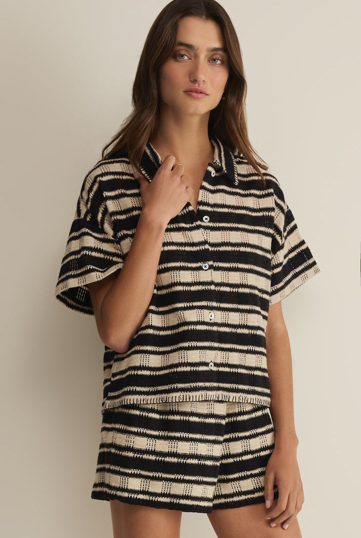 Monaco Stripe Button Up-Tops-Vixen Collection, Day Spa and Women's Boutique Located in Seattle, Washington
