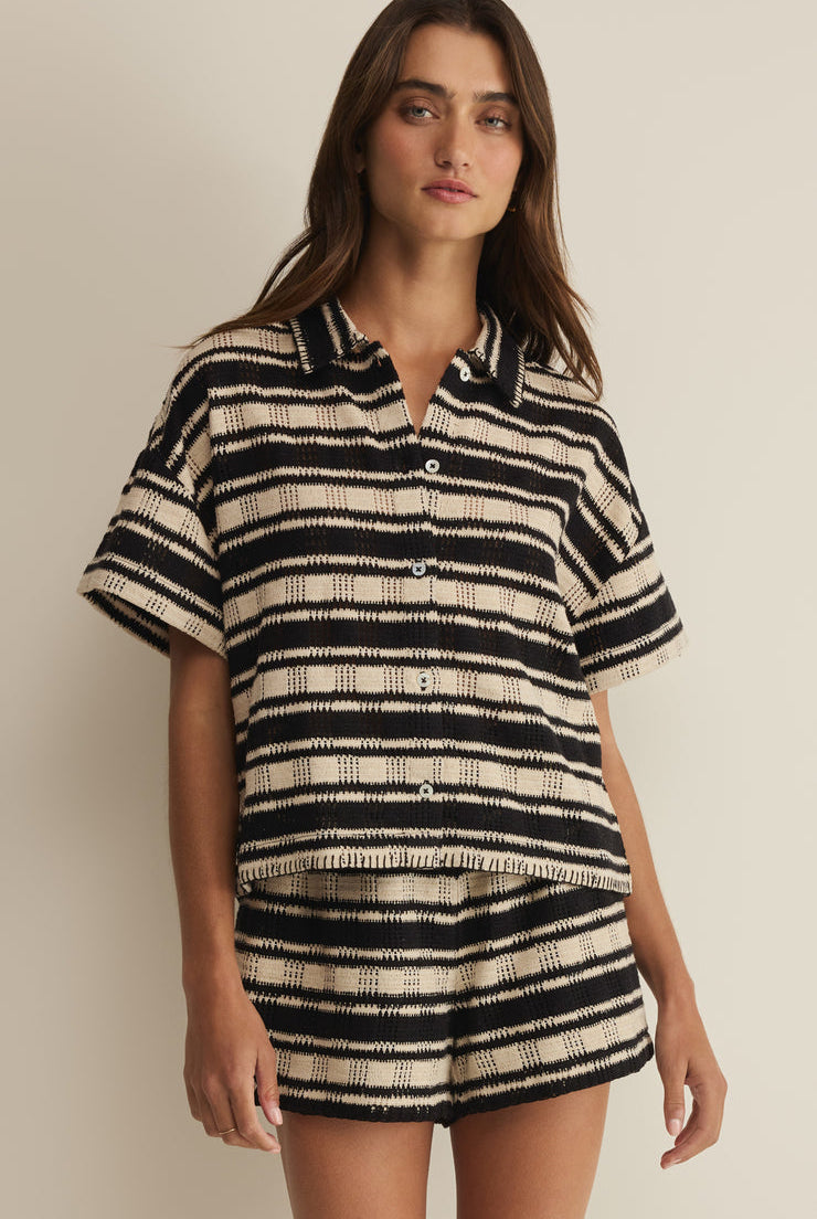 Monaco Stripe Button Up-Tops-Vixen Collection, Day Spa and Women's Boutique Located in Seattle, Washington