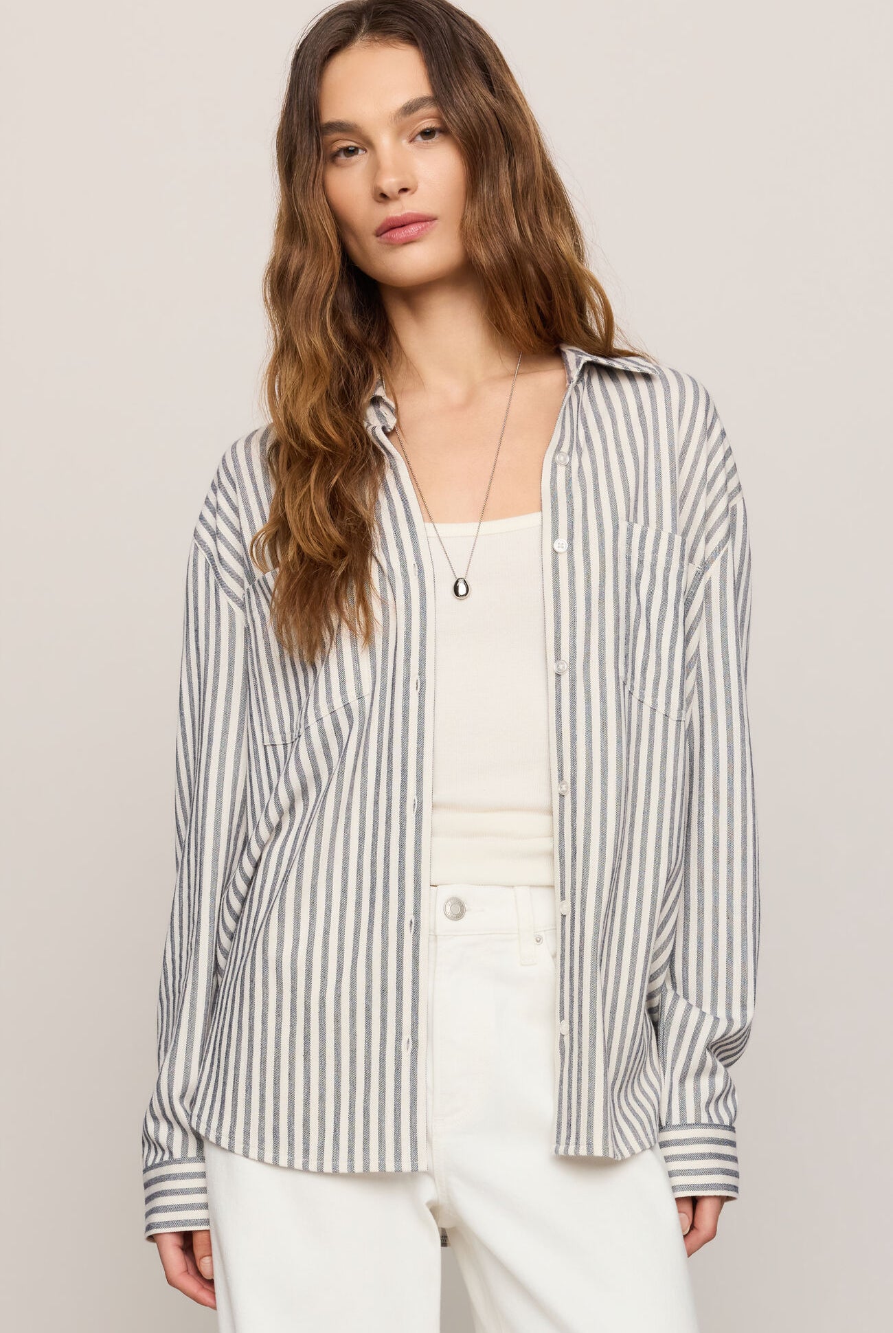 Reese Button Up Stripe Top-Long Sleeves-Vixen Collection, Day Spa and Women's Boutique Located in Seattle, Washington