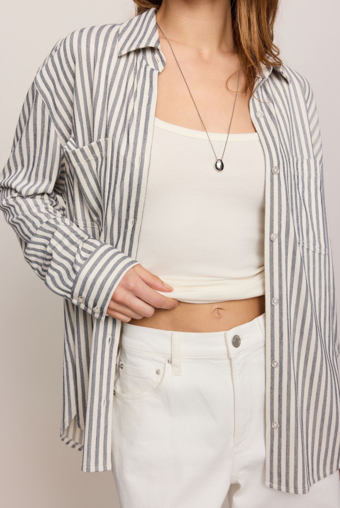 Reese Button Up Stripe Top-Long Sleeves-Vixen Collection, Day Spa and Women's Boutique Located in Seattle, Washington