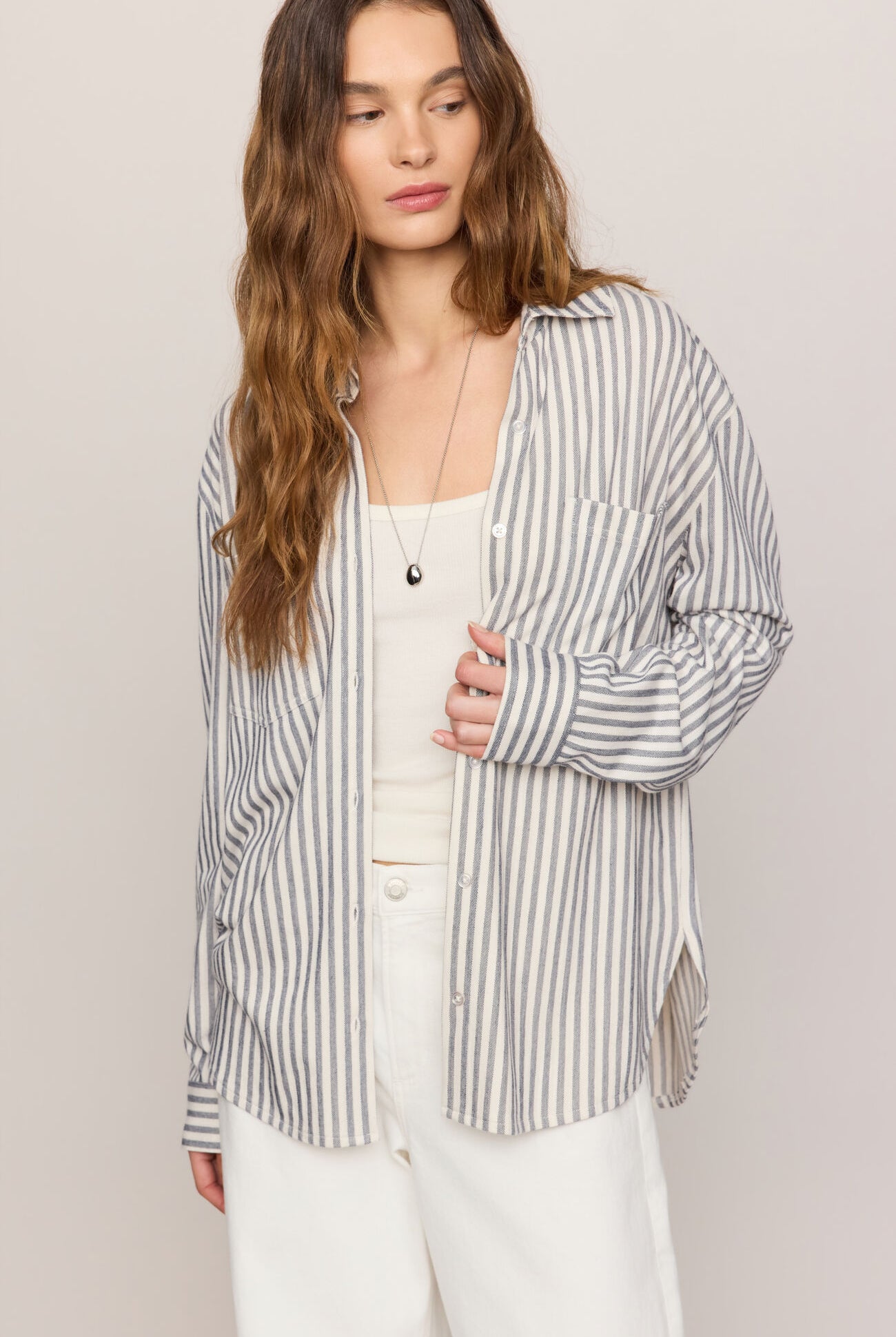 Reese Button Up Stripe Top-Long Sleeves-Vixen Collection, Day Spa and Women's Boutique Located in Seattle, Washington