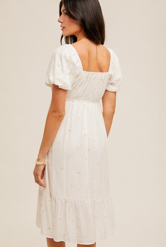 Sunbeam Glow Heart Embroidered Midi Dress-Dresses-Vixen Collection, Day Spa and Women's Boutique Located in Seattle, Washington