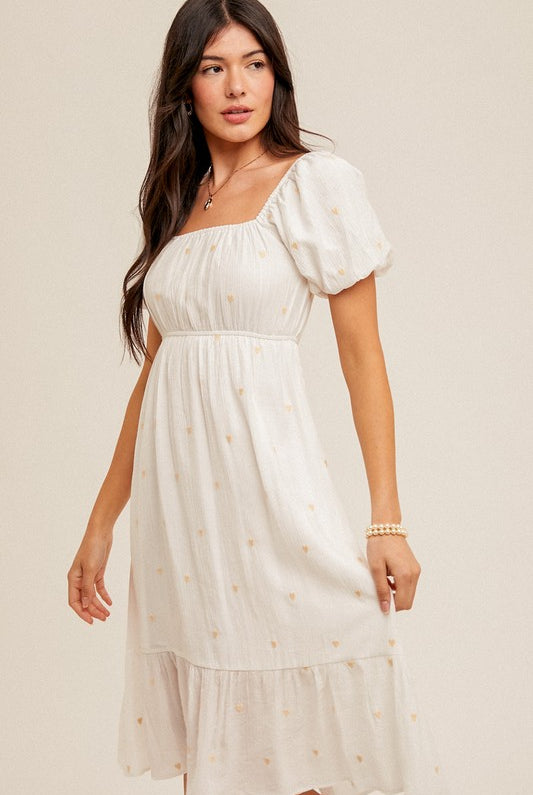 Sunbeam Glow Heart Embroidered Midi Dress-Dresses-Vixen Collection, Day Spa and Women's Boutique Located in Seattle, Washington