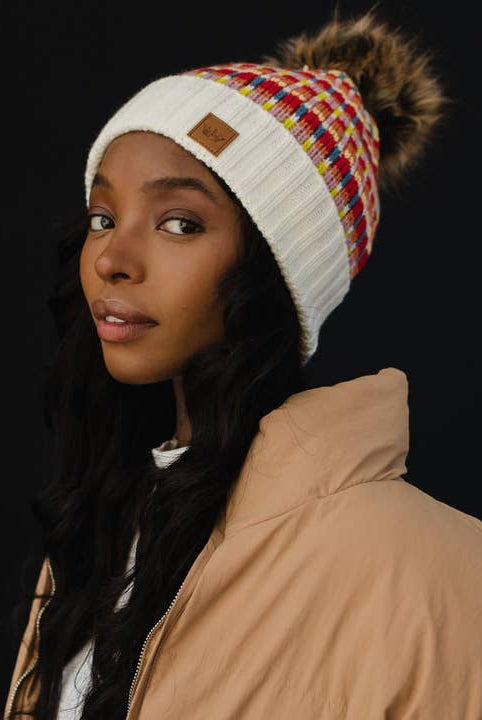 Patterned Pom Hat-Hats-Vixen Collection, Day Spa and Women's Boutique Located in Seattle, Washington
