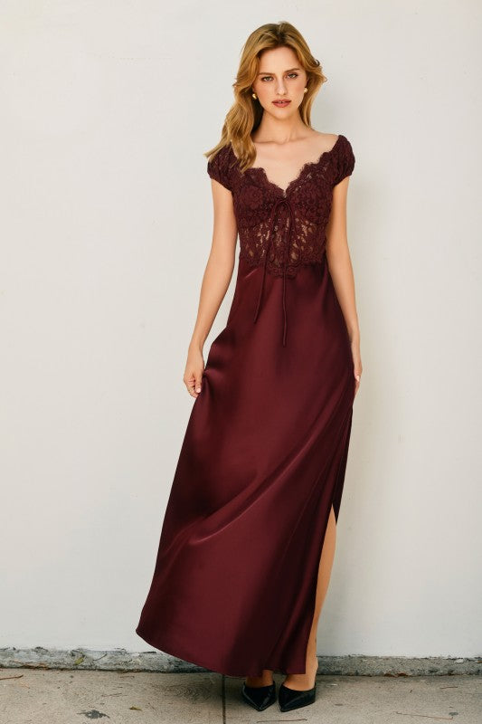 fitted lace wedding dress Alana Crimson Red Tiered Evening Maxi Dress M