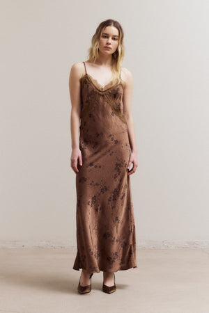 Toffee Bloom Satin Dress-Dresses-Vixen Collection, Day Spa and Women's Boutique Located in Seattle, Washington