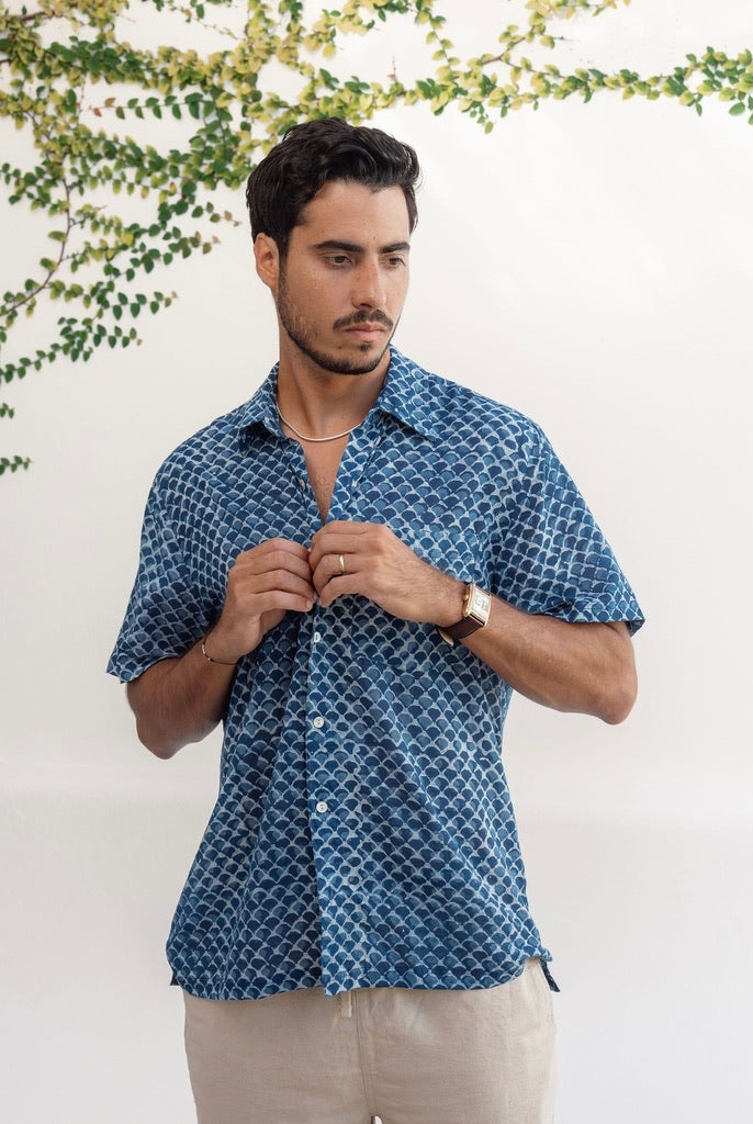 Indigo Scales Ultra-Light Button Down-Men's Tops-Vixen Collection, Day Spa and Women's Boutique Located in Seattle, Washington
