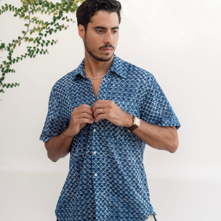Indigo Scales Ultra-Light Button Down-Men's Tops-Vixen Collection, Day Spa and Women's Boutique Located in Seattle, Washington