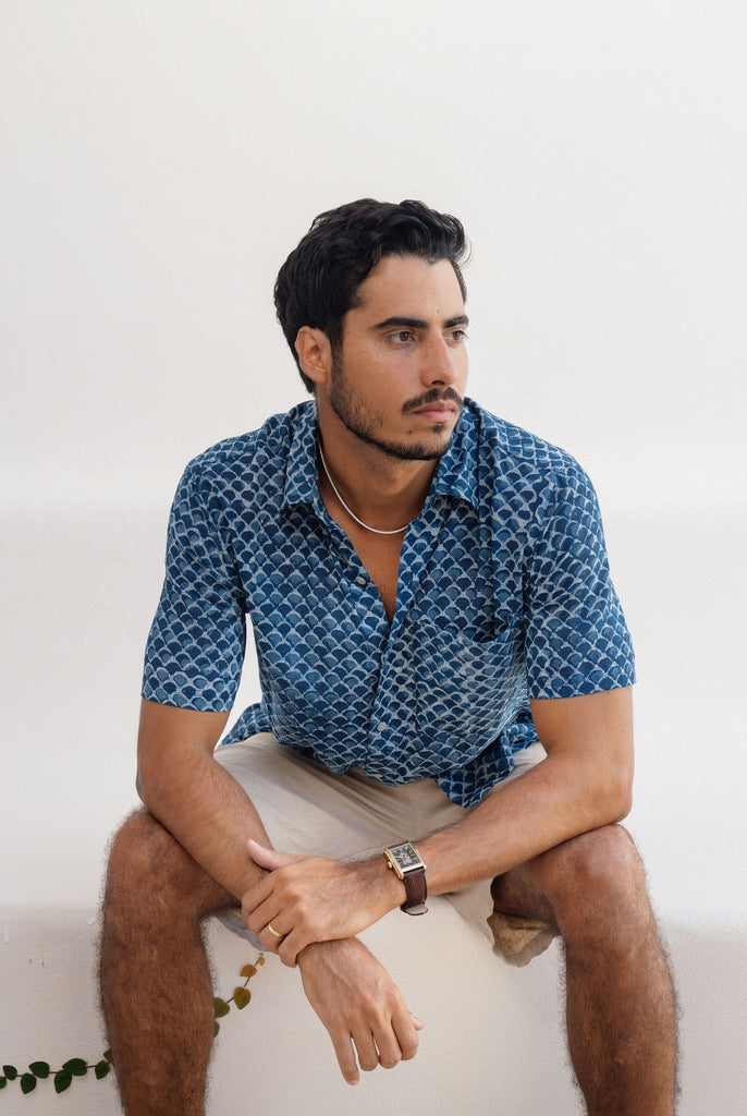 Indigo Scales Ultra-Light Button Down-Men's Tops-Vixen Collection, Day Spa and Women's Boutique Located in Seattle, Washington
