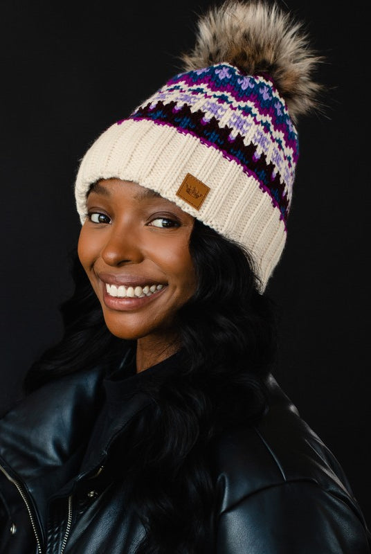Patterned Pom Hat-Hats-Vixen Collection, Day Spa and Women's Boutique Located in Seattle, Washington