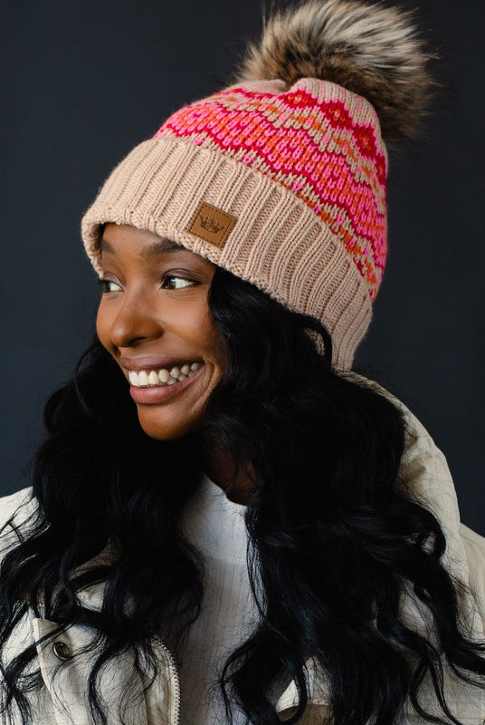 Patterned Pom Hat-Hats-Vixen Collection, Day Spa and Women's Boutique Located in Seattle, Washington