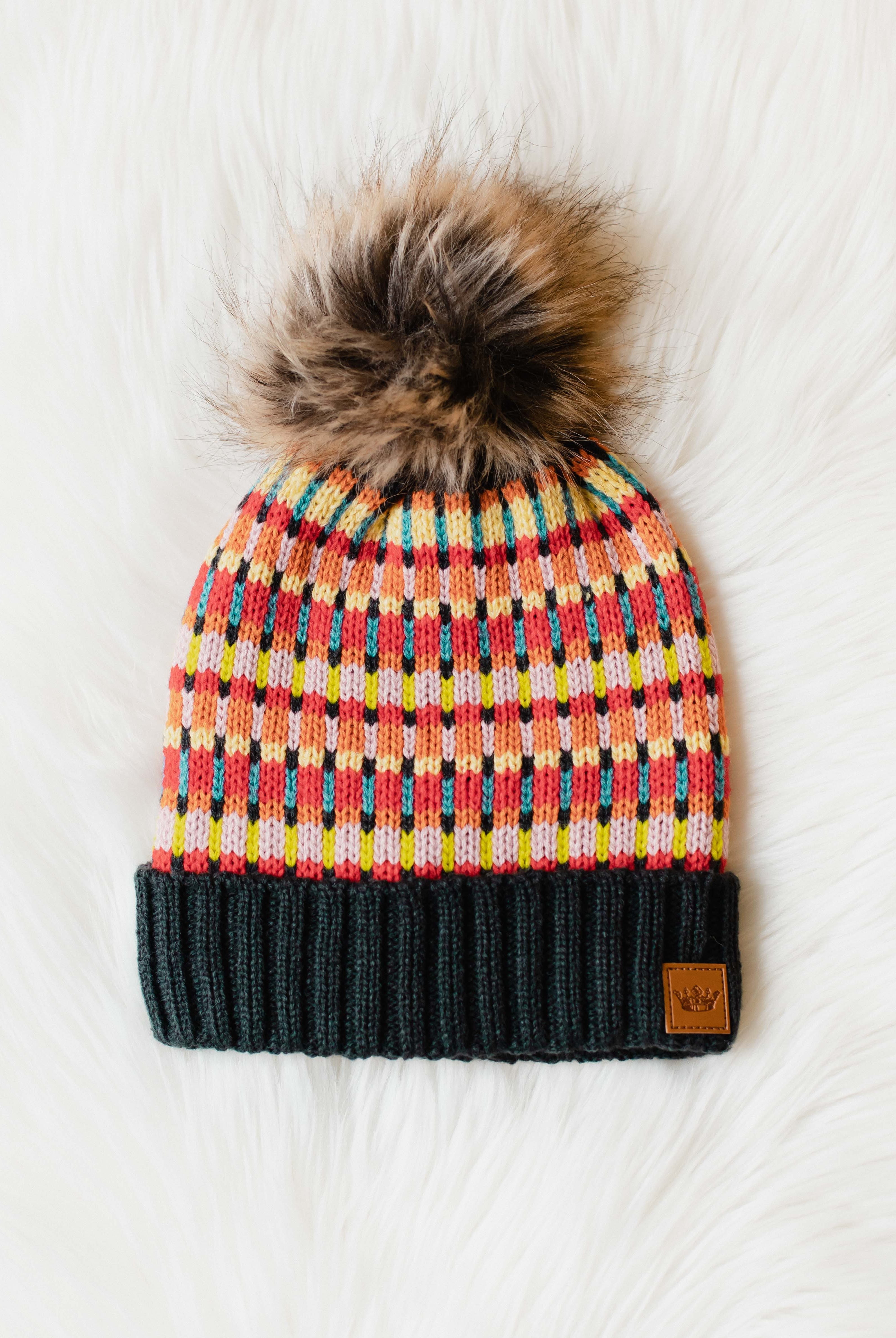 Patterned Pom Hat-Hats-Vixen Collection, Day Spa and Women's Boutique Located in Seattle, Washington