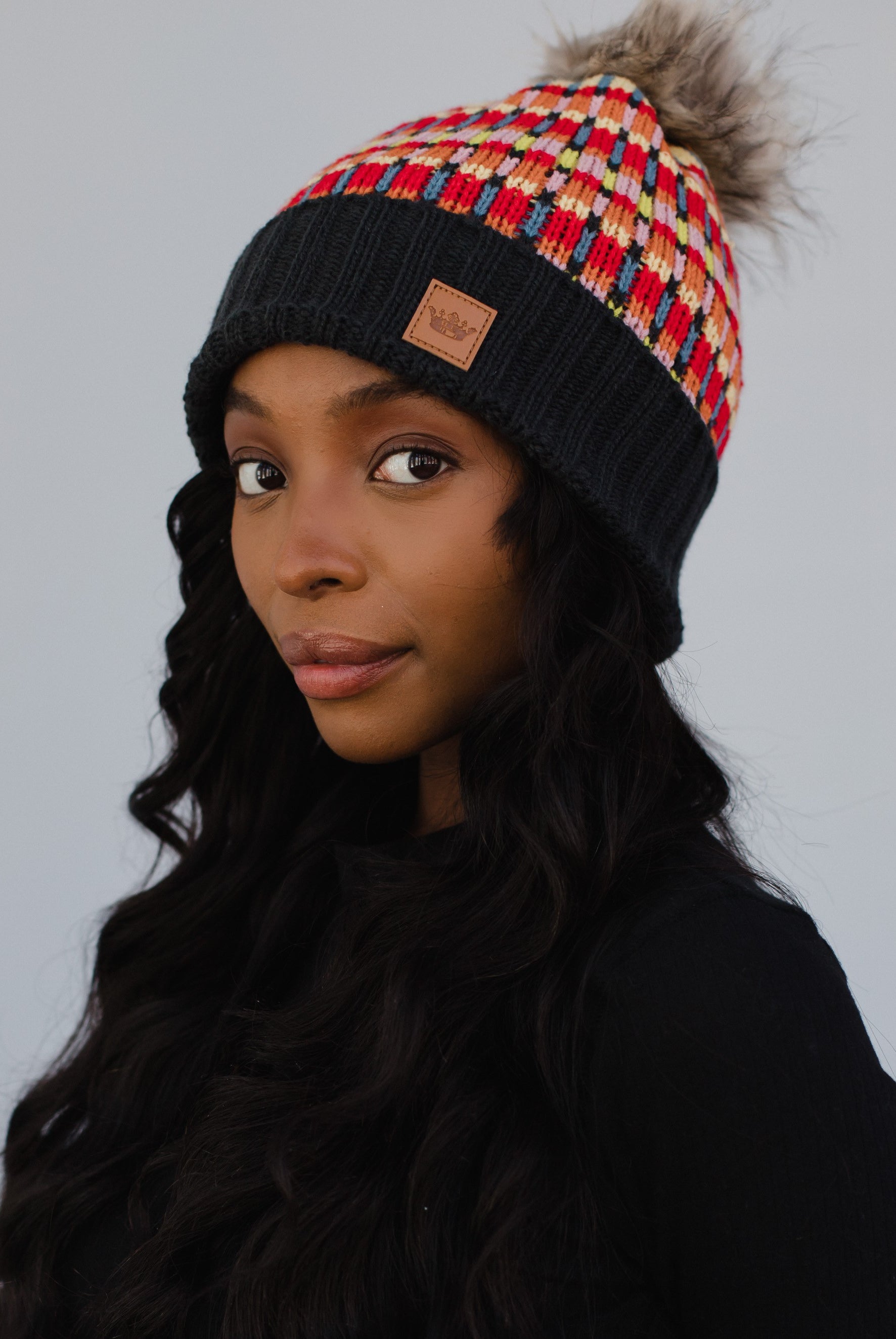 Patterned Pom Hat-Hats-Vixen Collection, Day Spa and Women's Boutique Located in Seattle, Washington