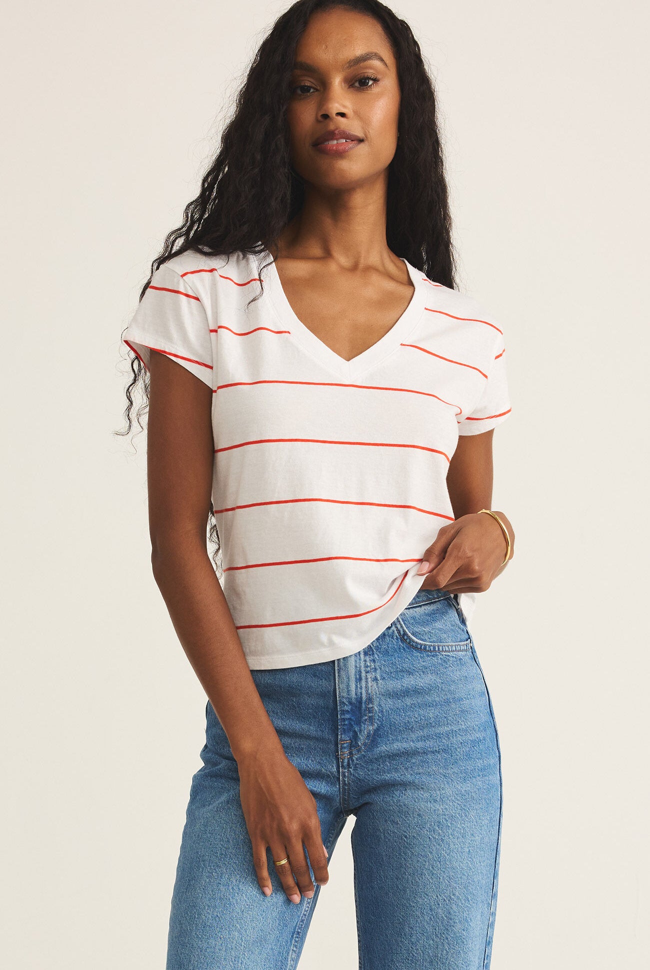 Striped Modern V-Neck Tee-Short Sleeves-Vixen Collection, Day Spa and Women's Boutique Located in Seattle, Washington