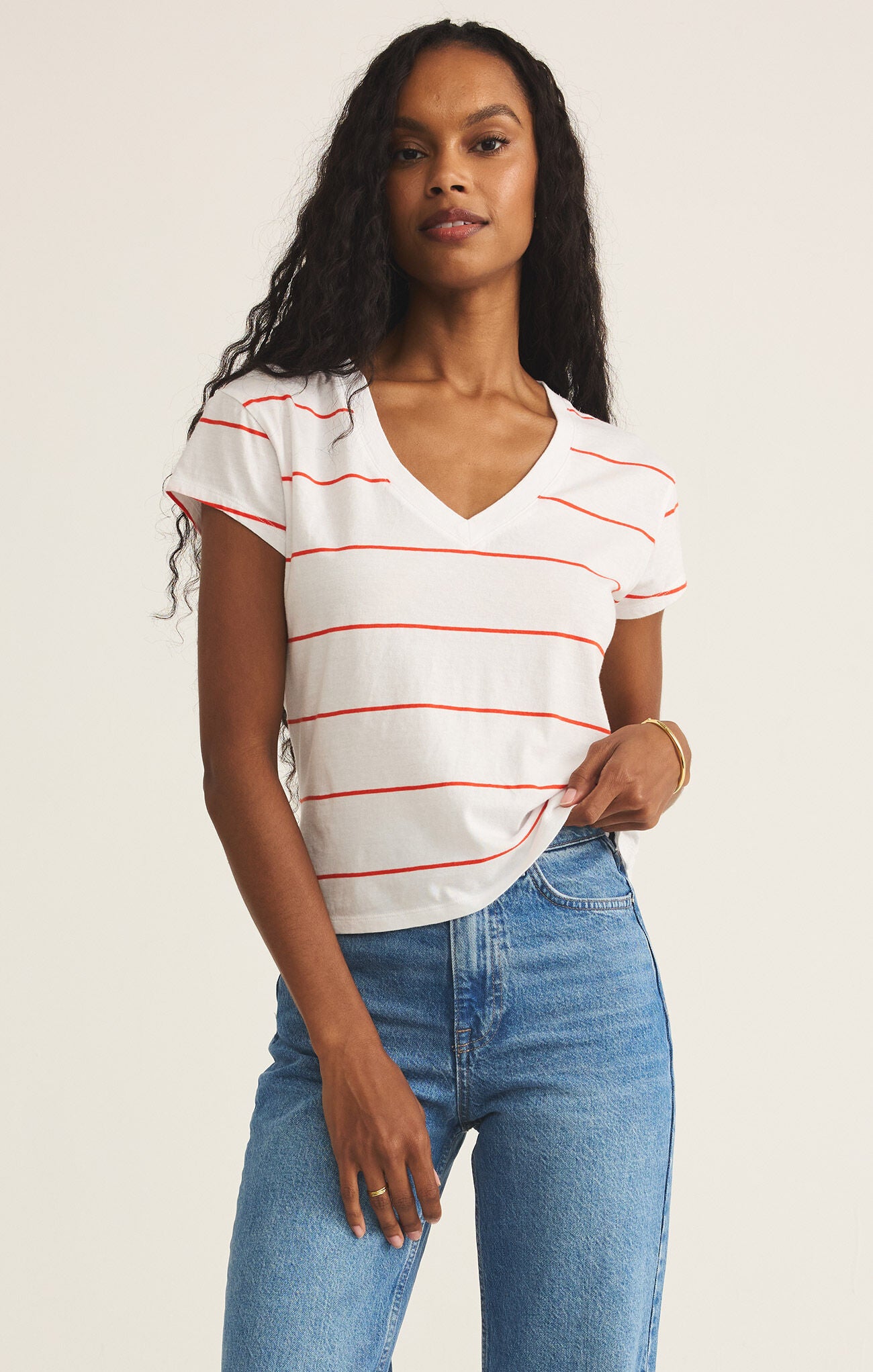 Striped Modern V-Neck Tee-Short Sleeves-Vixen Collection, Day Spa and Women's Boutique Located in Seattle, Washington