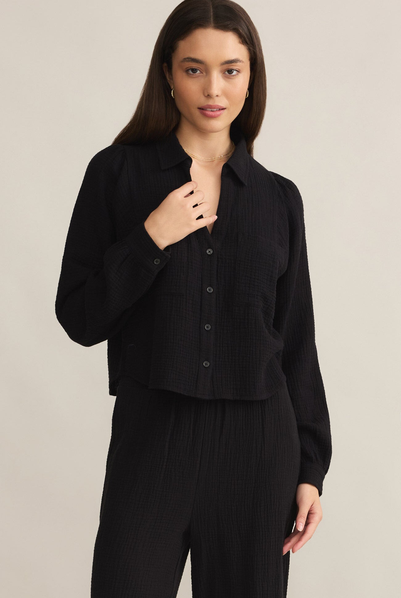 Campo Button Up Gauze Top-Long Sleeves-Vixen Collection, Day Spa and Women's Boutique Located in Seattle, Washington