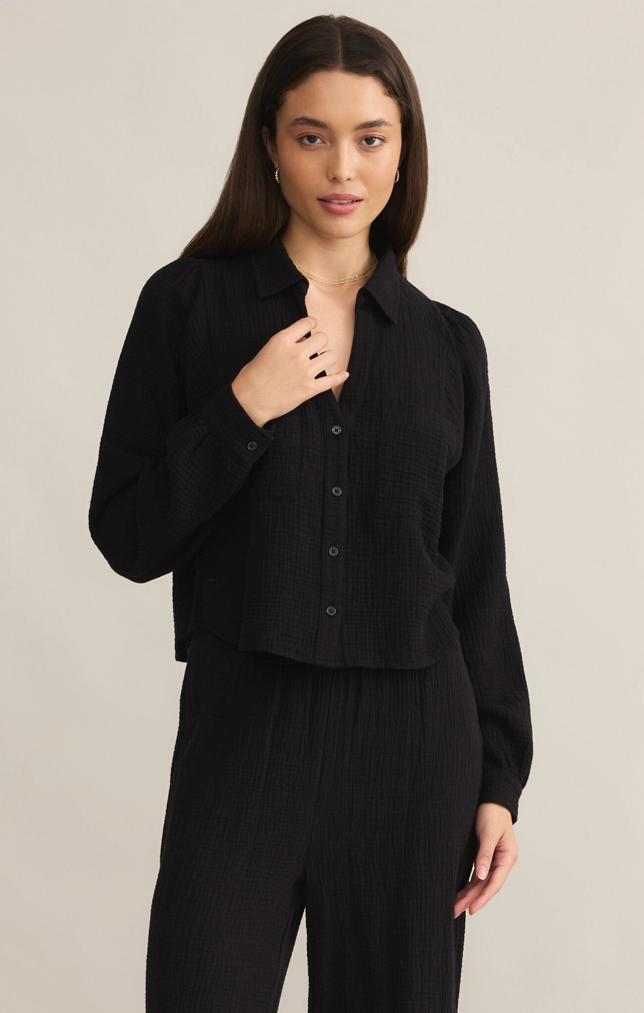 Campo Button Up Gauze Top-Long Sleeves-Vixen Collection, Day Spa and Women's Boutique Located in Seattle, Washington
